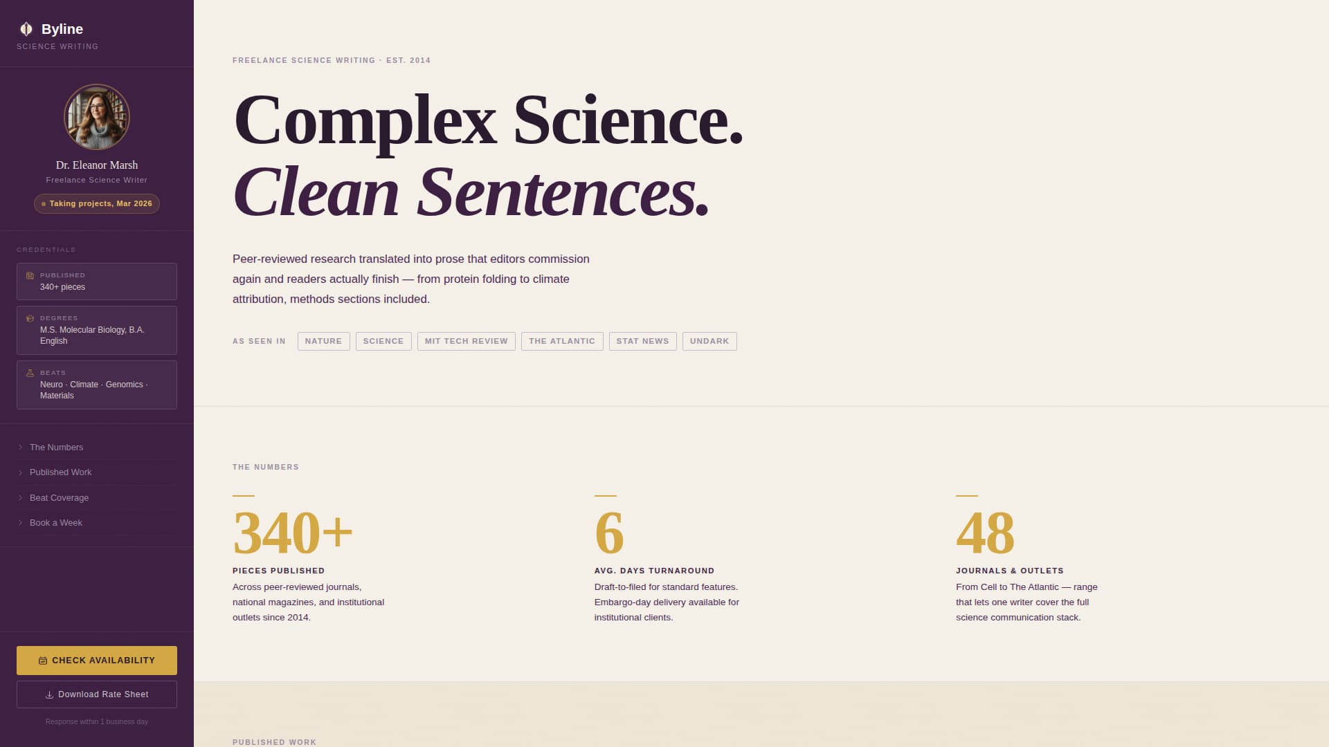 Byline - Authoritative Science Writer Landing Page Template