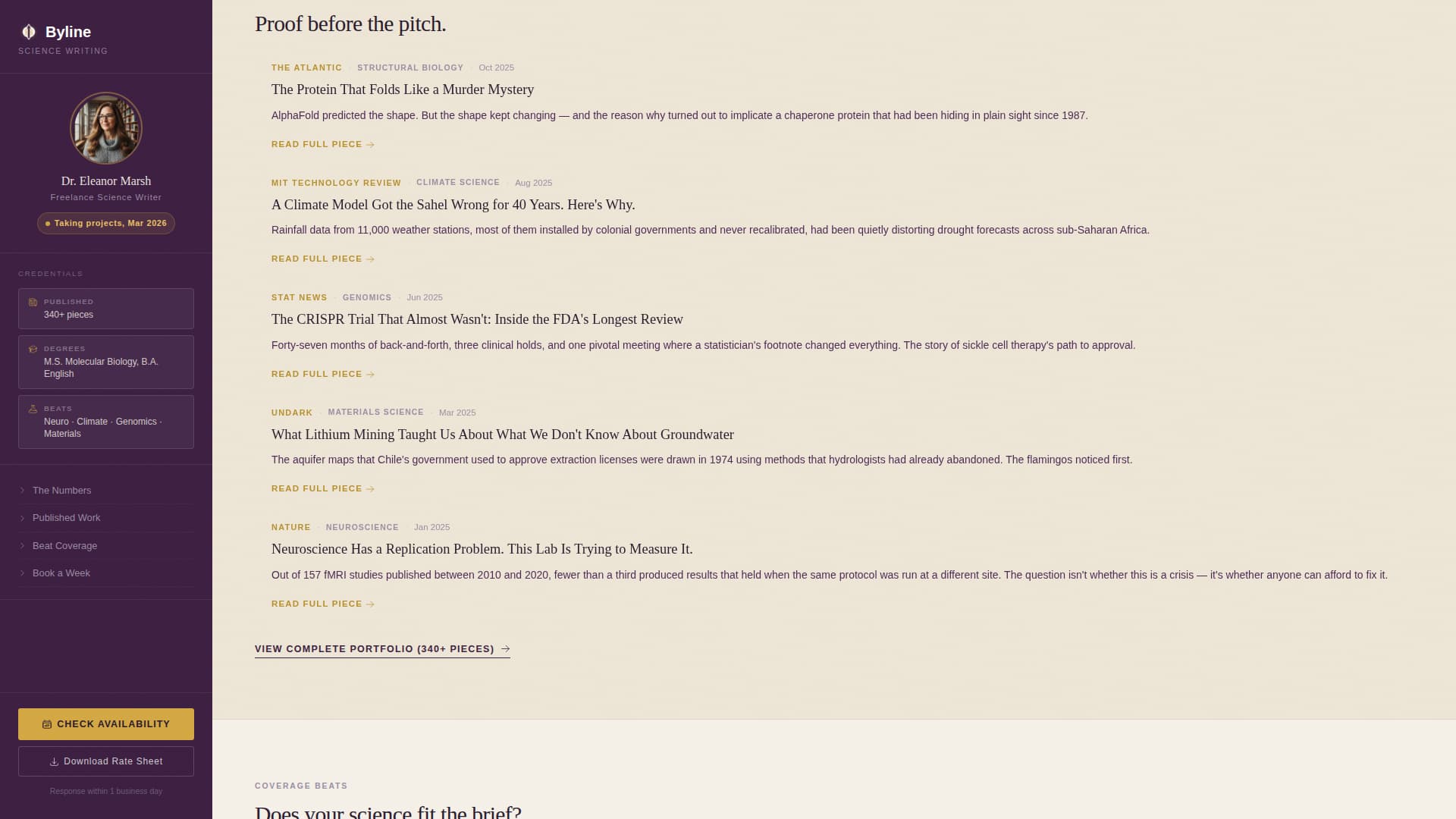 Byline - Authoritative Science Writer Landing Page Template