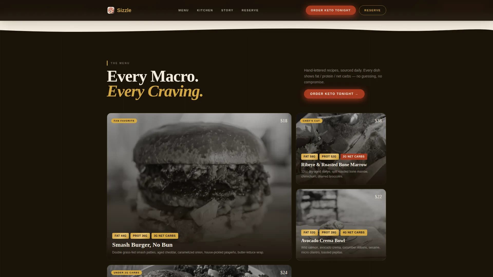 Sizzle — Simple Keto Restaurant Landing Page Template