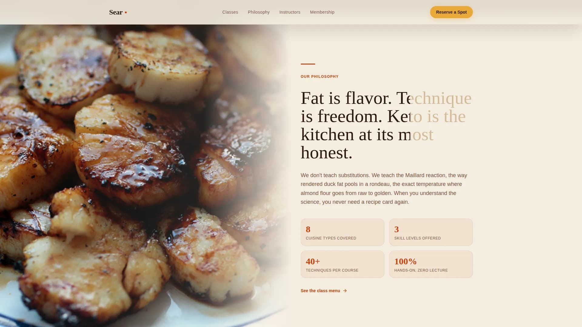 Sear — Keto Cooking Workshop Landing Page Template