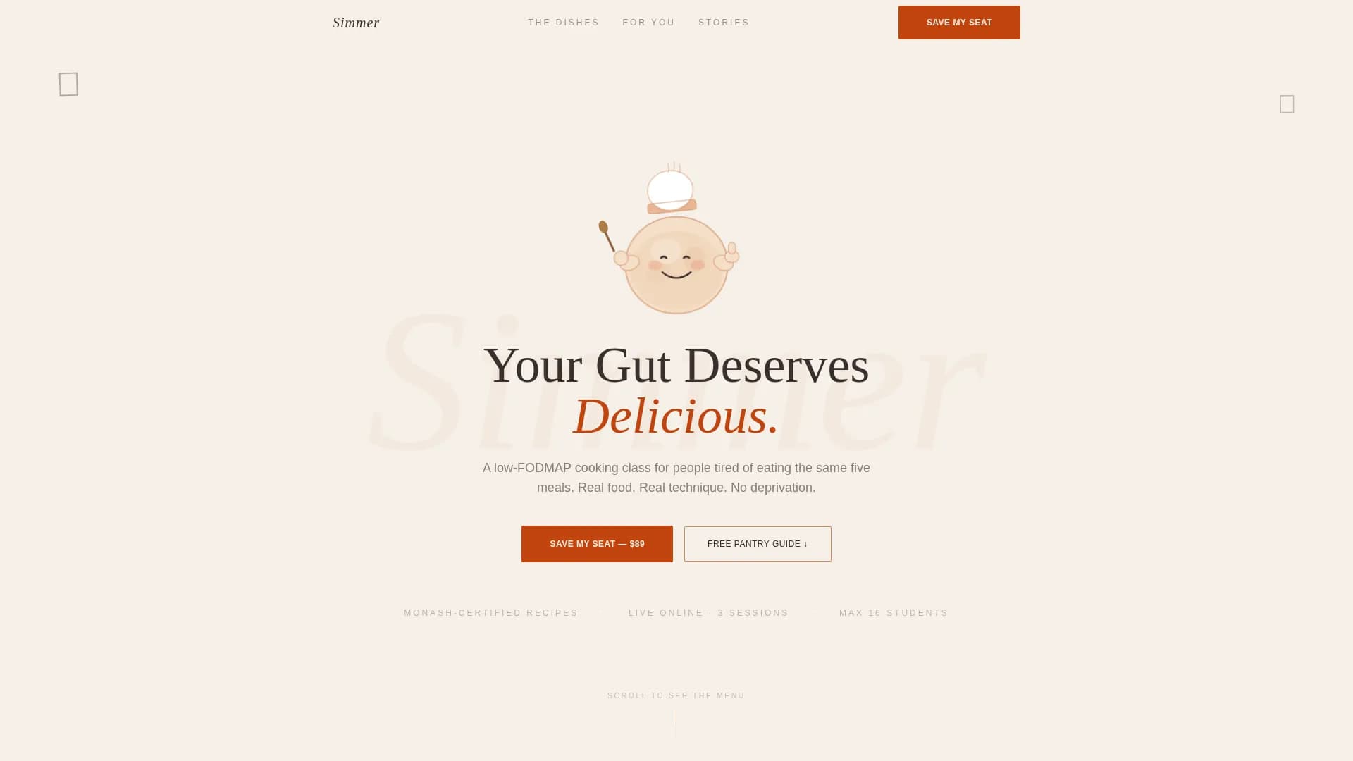 Simmer — Gut-Friendly Low-FODMAP Cooking Class Landing Page Template