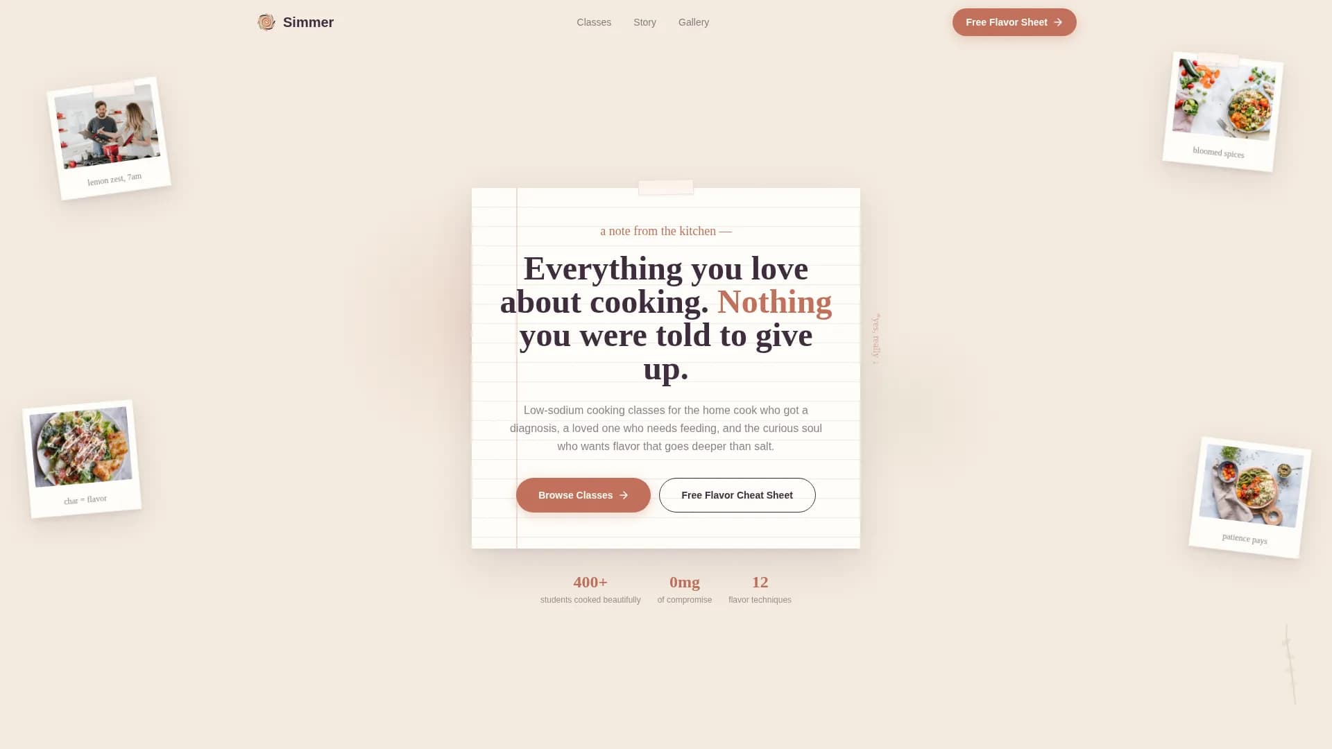 Simmer — Flavorful Low-Sodium Cooking Class Landing Page Template