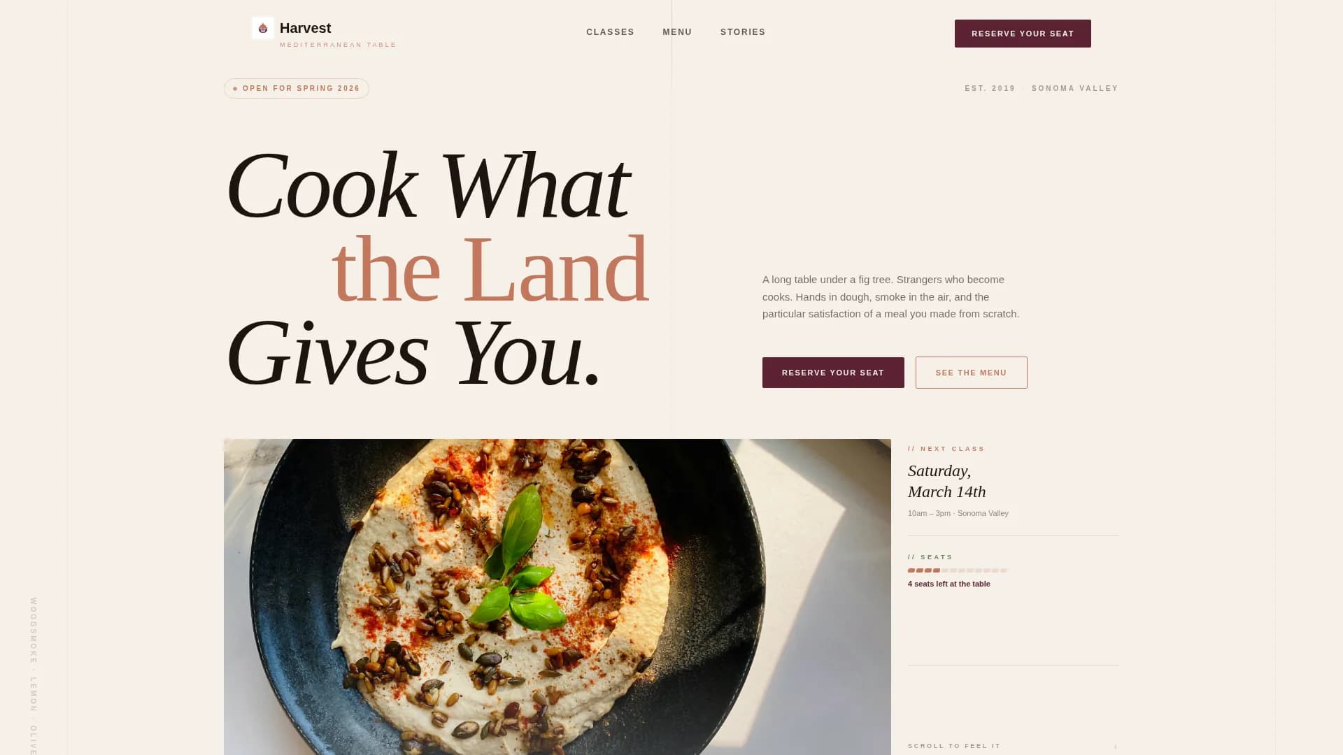 Harvest — Artisan Mediterranean Class Landing Page Template