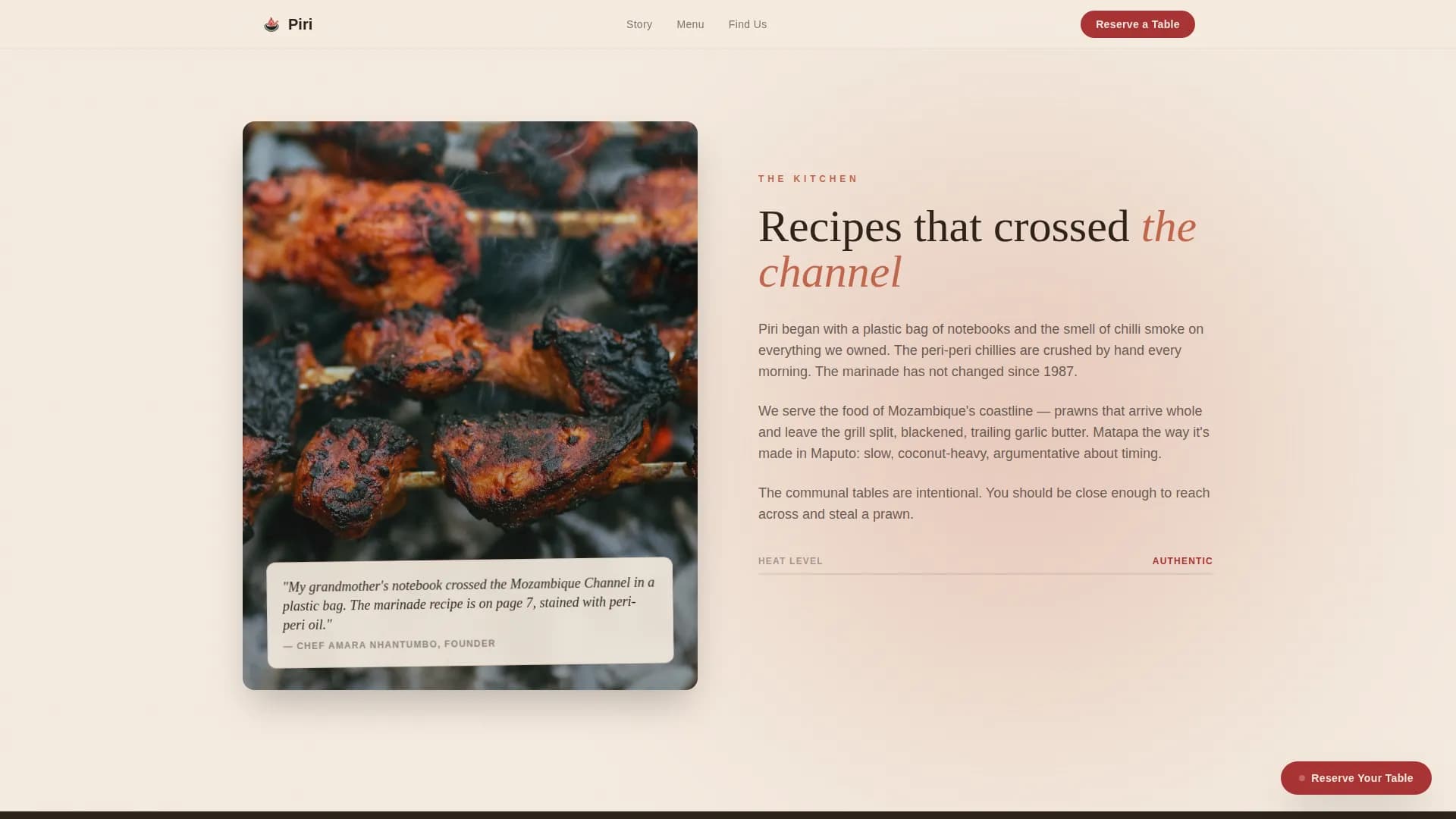 Piri - Authentic Mozambican Restaurant Landing Page Template