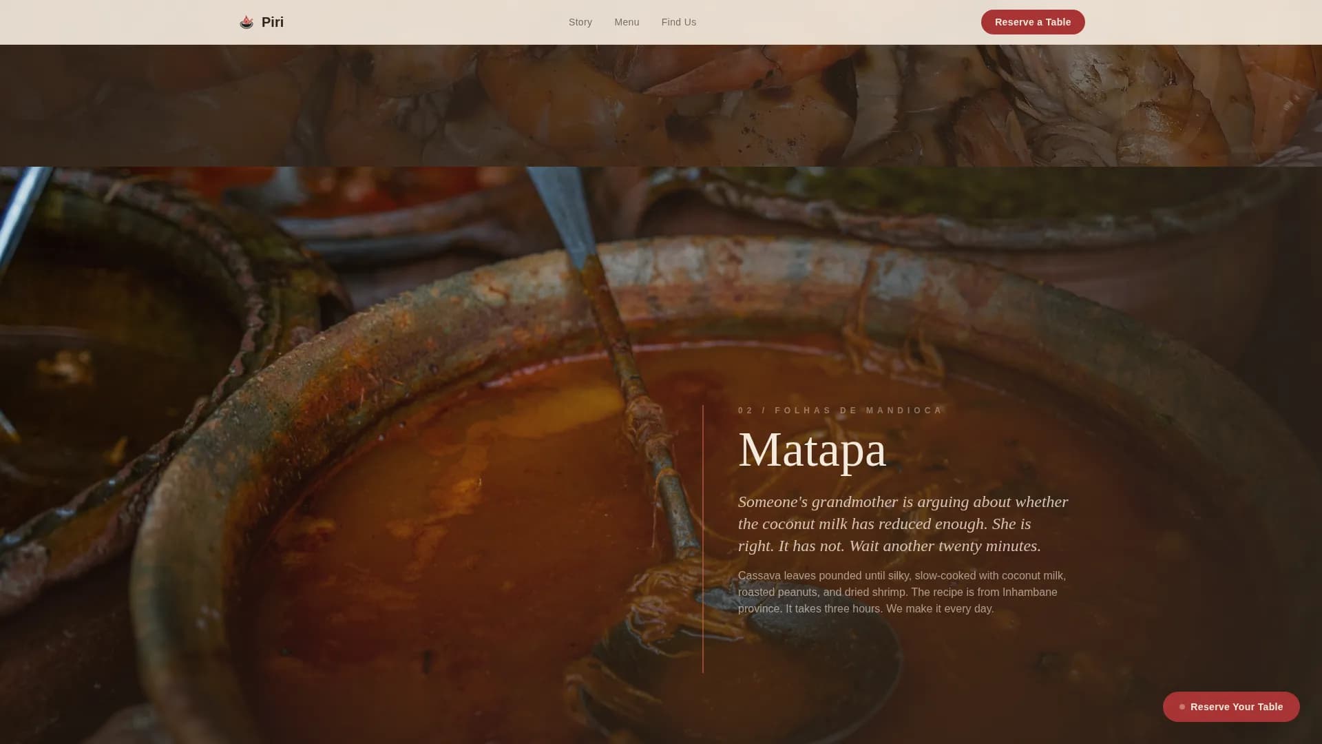 Piri - Authentic Mozambican Restaurant Landing Page Template
