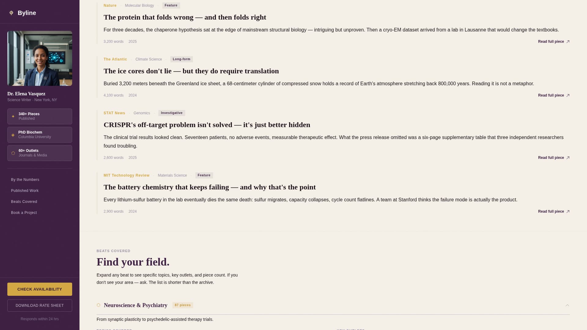 Byline — Trusted Science Writing Landing Page Template
