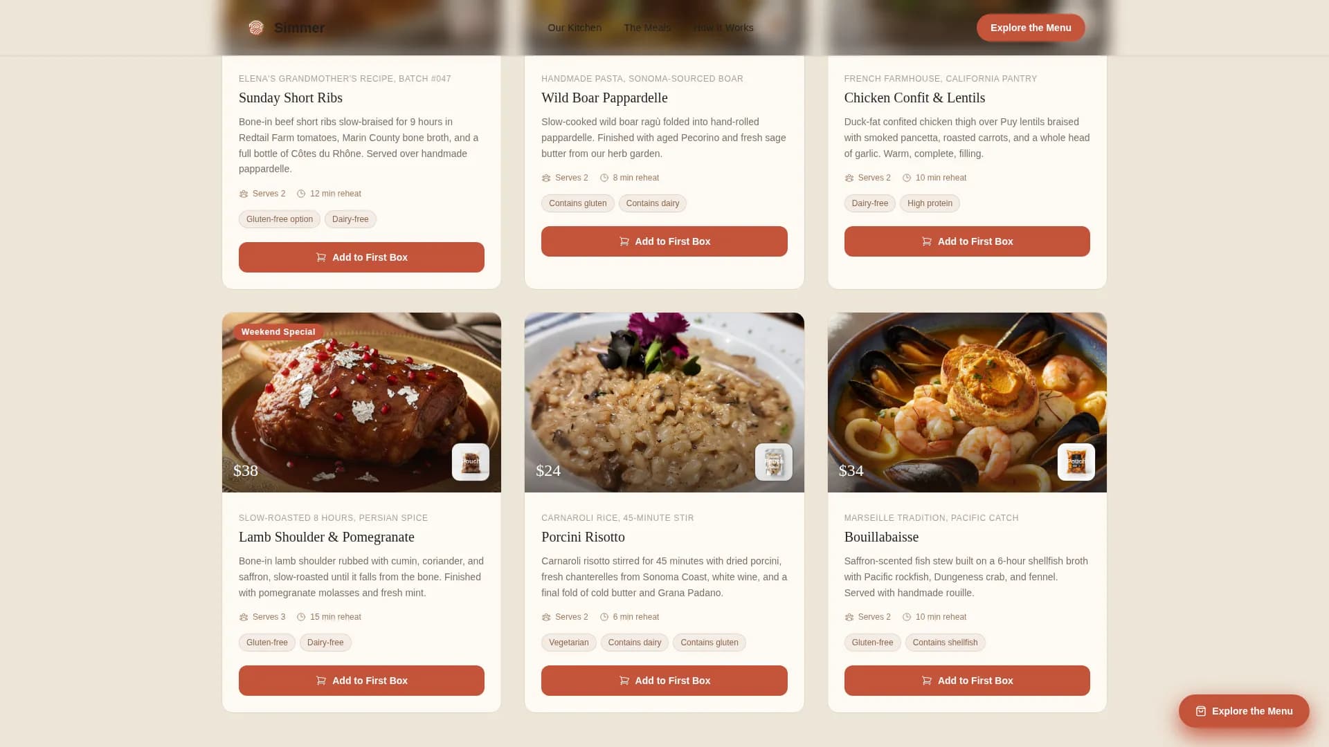 Simmer — Gourmet Prepared Meals Landing Page Template