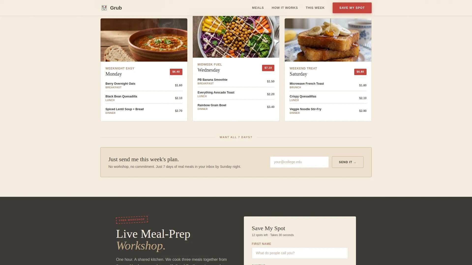 Grub — Budget Meal Plan Landing Page Template