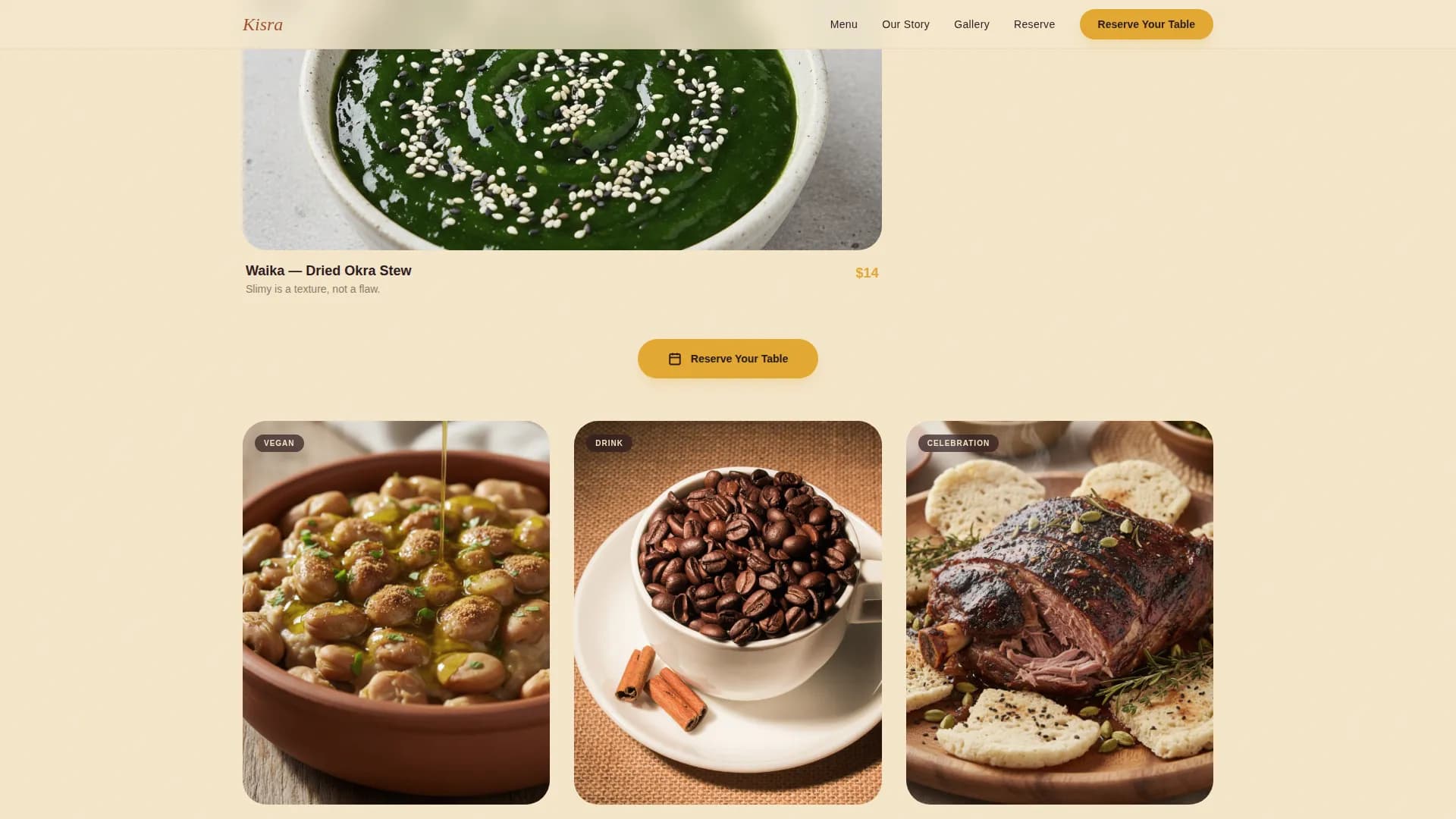 Kisra — Artisan Sudanese Dining Landing Page Template