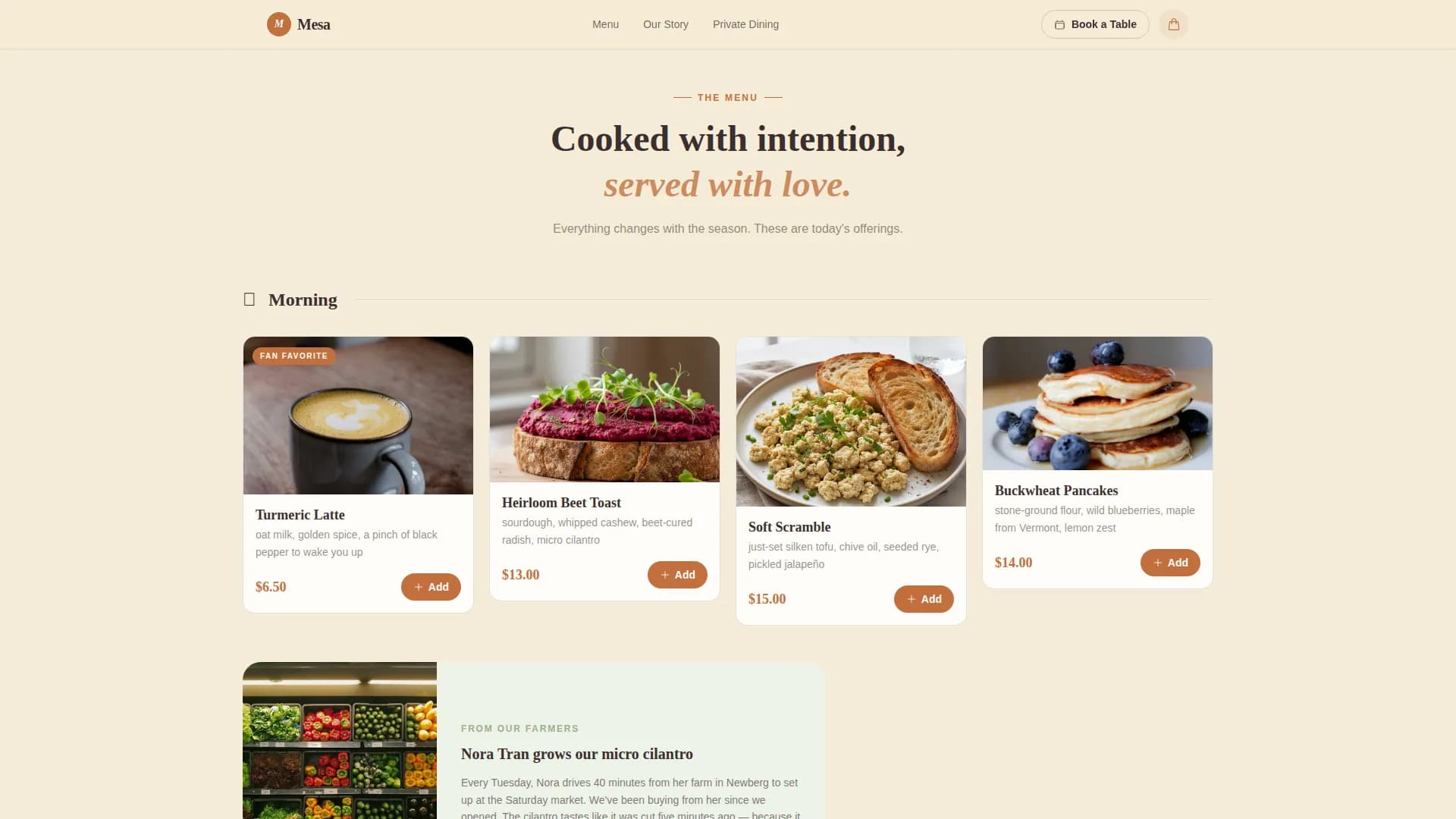 Mesa — Pastoral Neighborhood Vegan Restaurant Landing Page Template