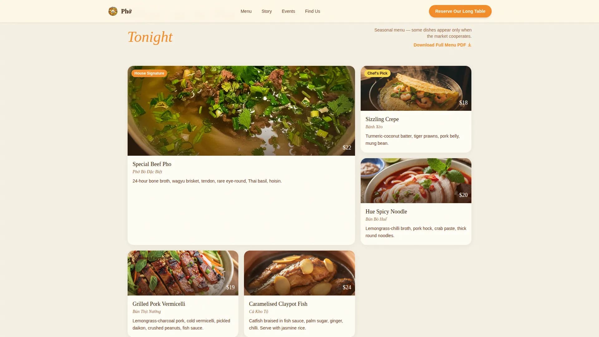 Pho — Nostalgic Vietnamese Dining Landing Page Template