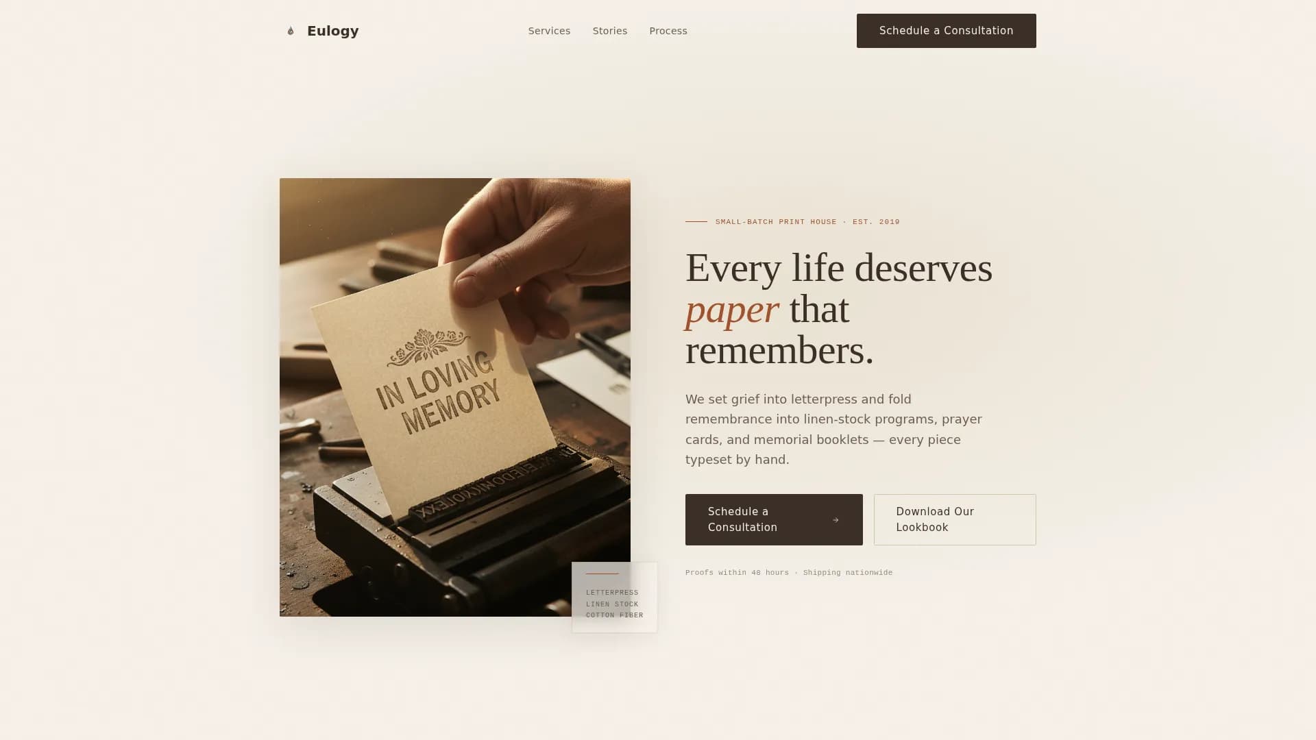 Eulogy - Handcrafted Memorial Stationery Landing Page Template