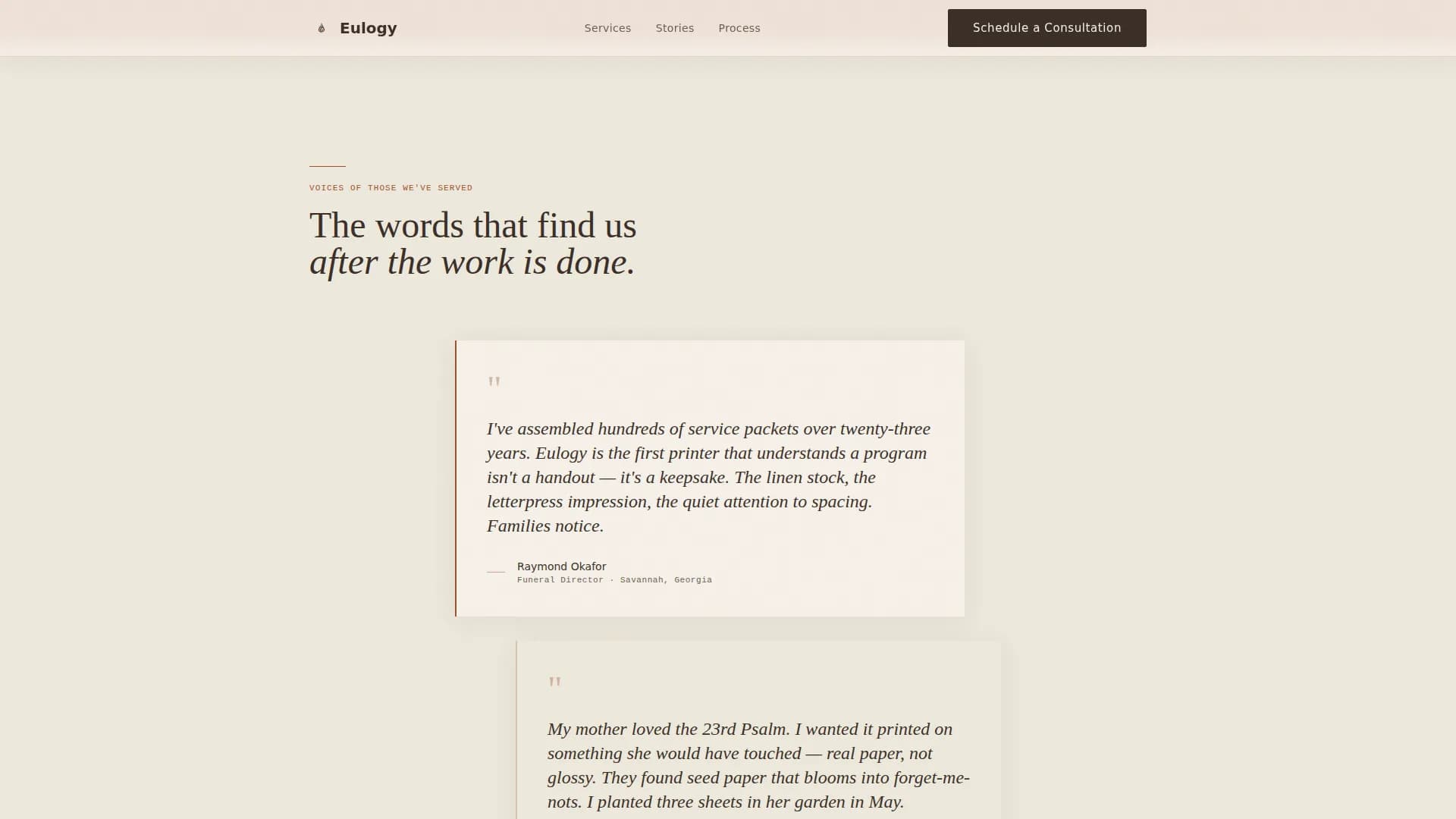Eulogy - Handcrafted Memorial Stationery Landing Page Template