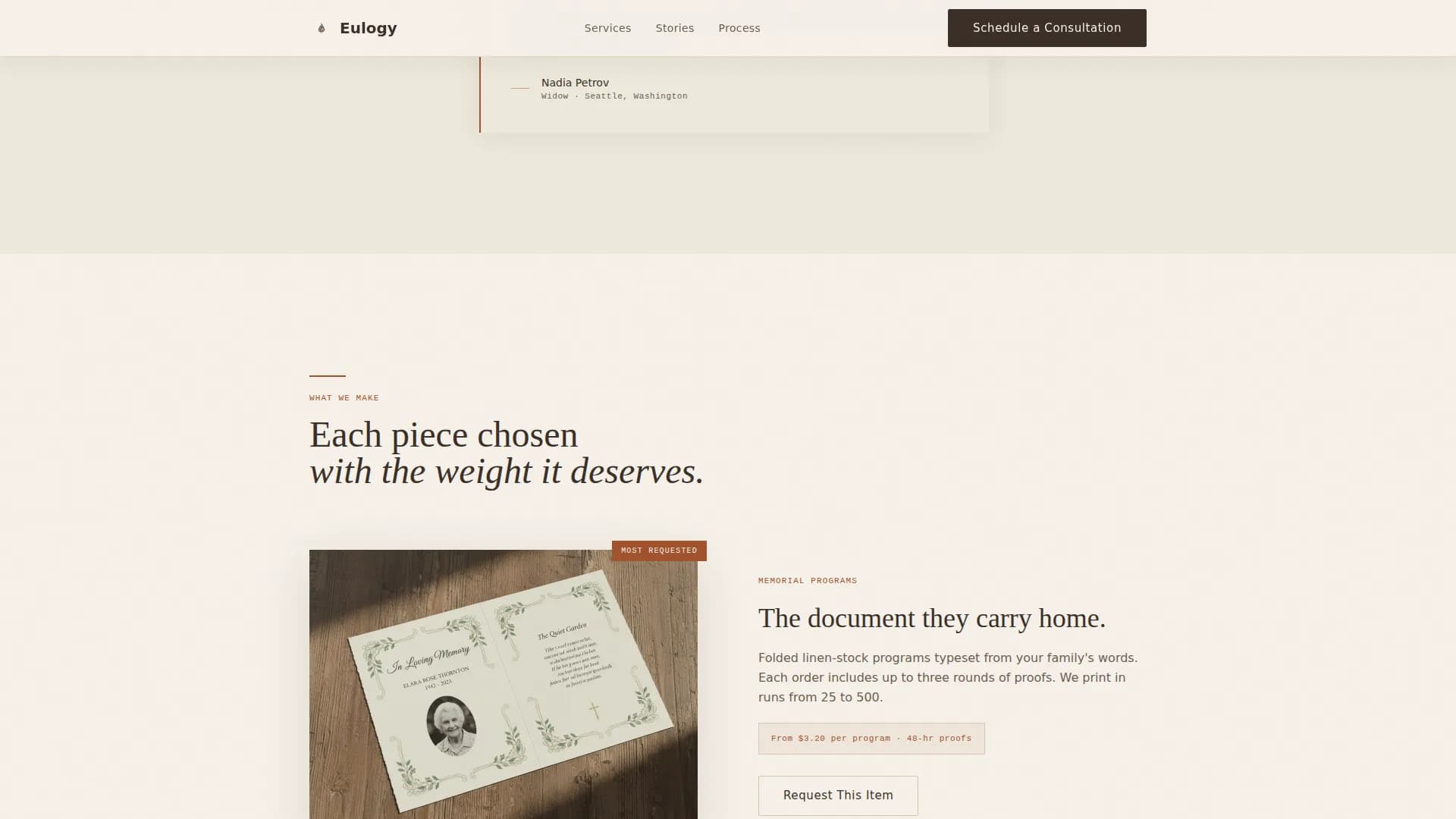 Eulogy - Handcrafted Memorial Stationery Landing Page Template