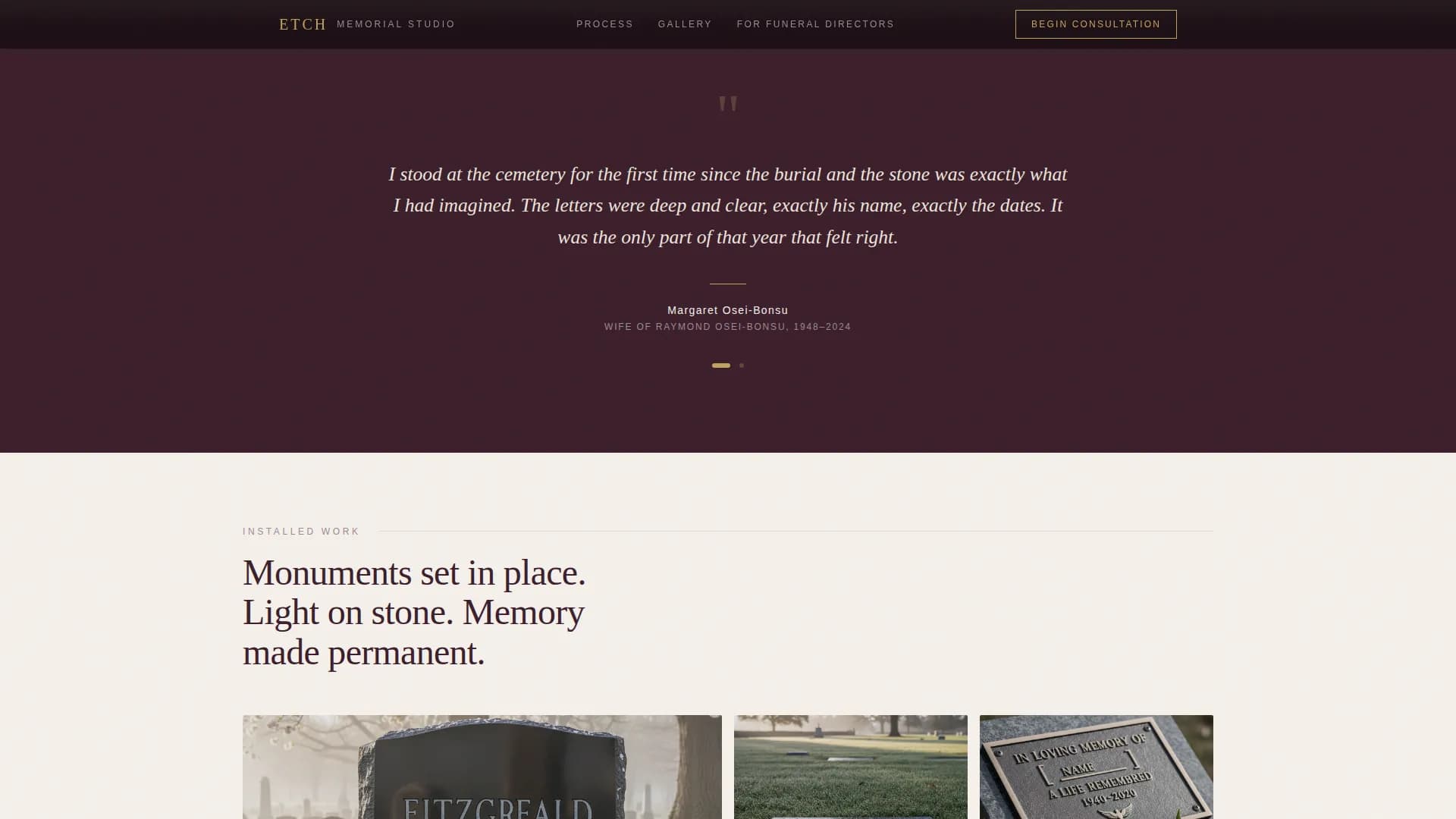 Etch — Artisan Memorial Stone Landing Page Template