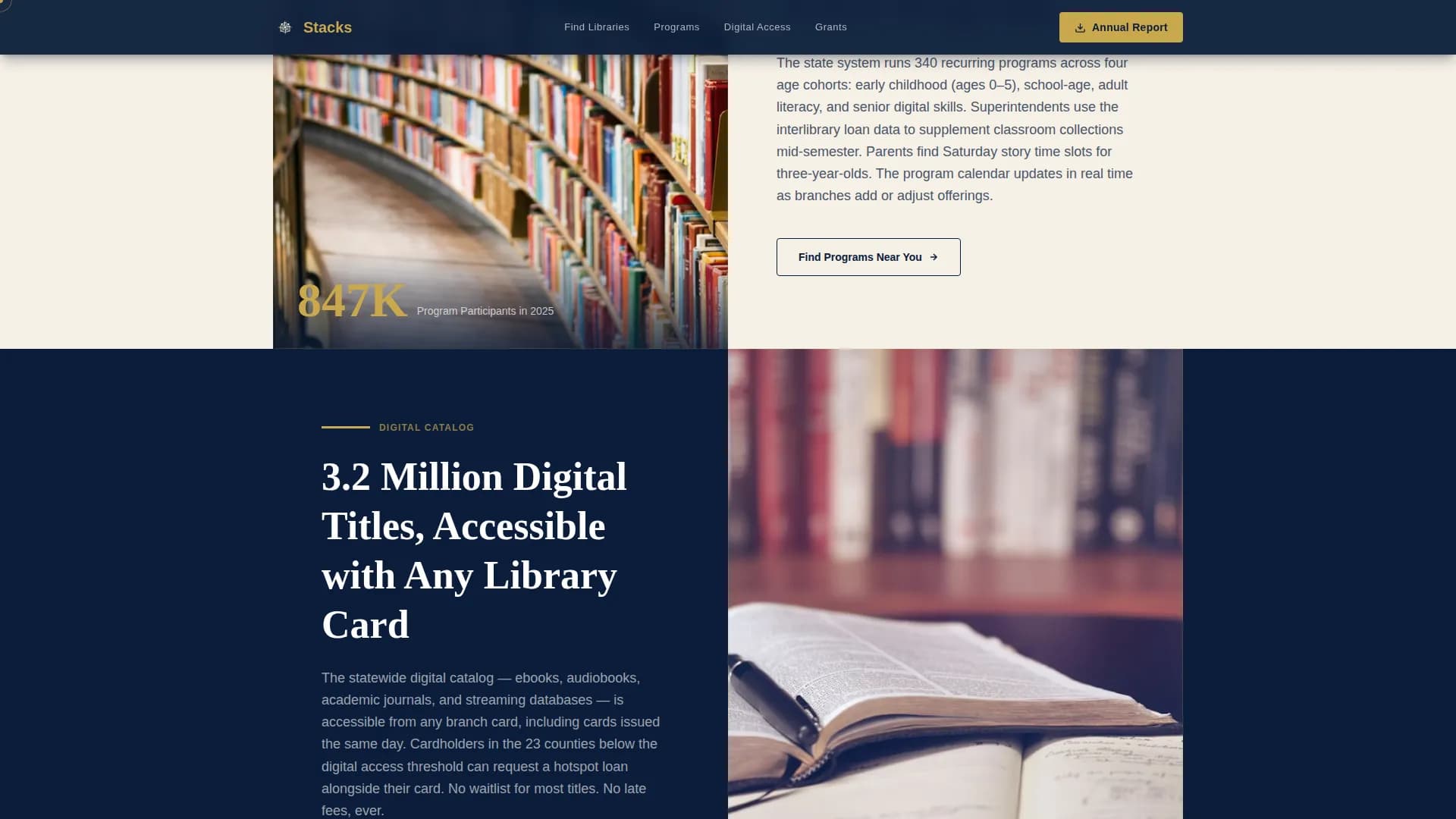 Stacks — Comprehensive Library Directory Landing Page Template