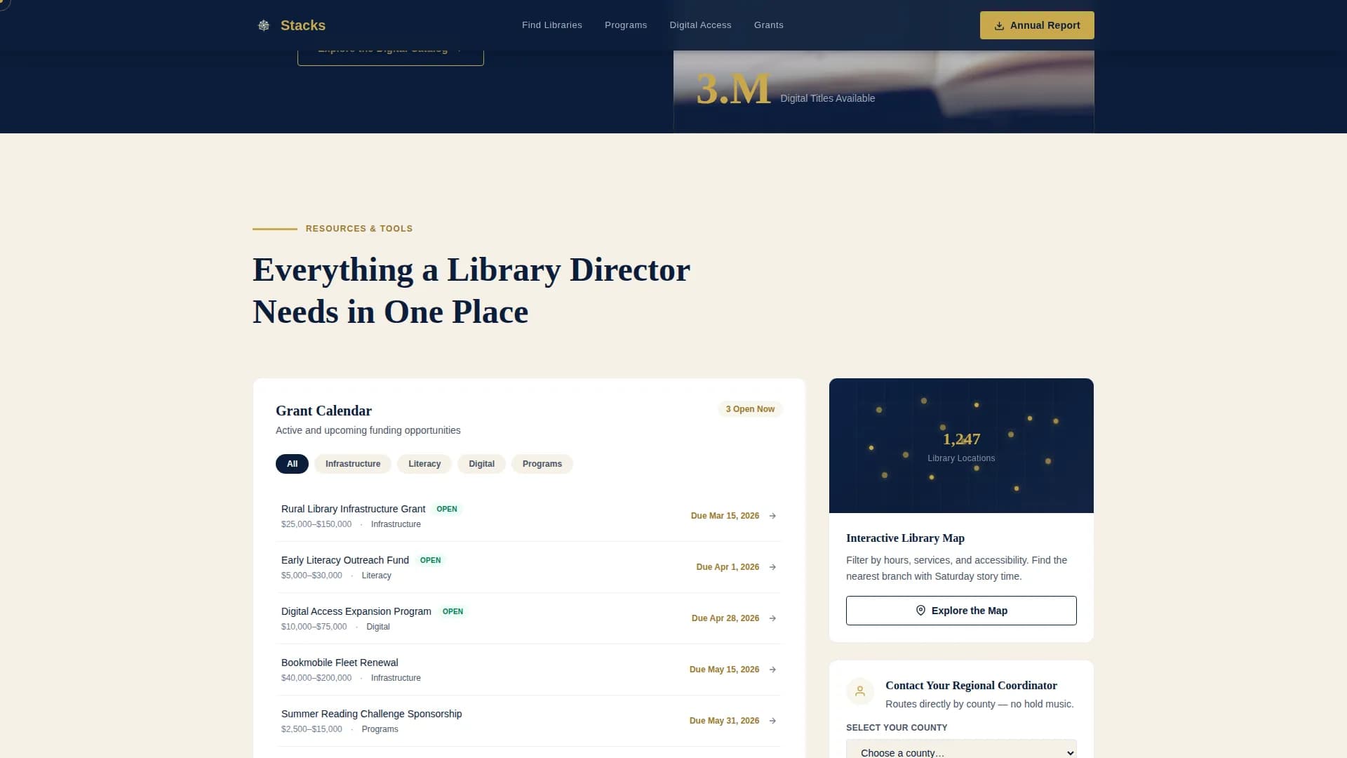 Stacks — Comprehensive Library Directory Landing Page Template