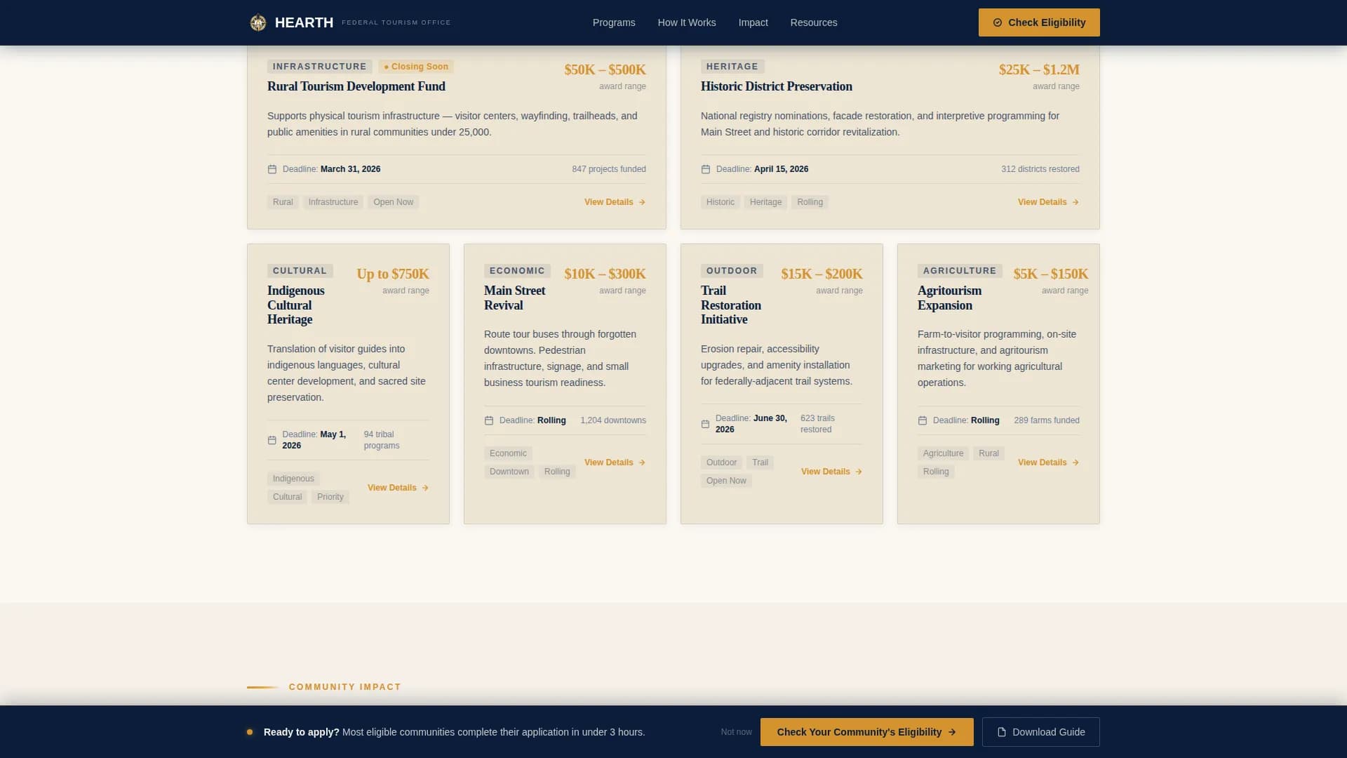 Hearth — Dynamic Tourism Grants Landing Page Template