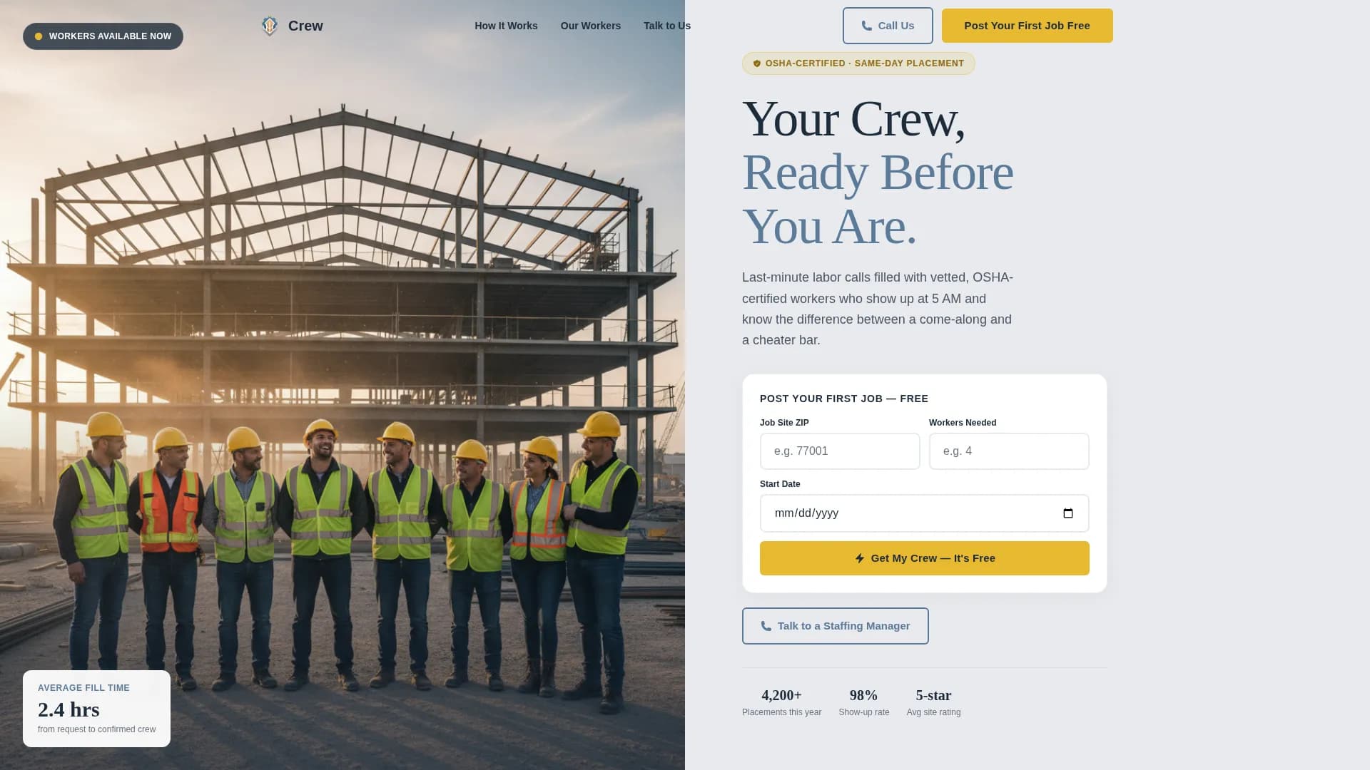 Crew — Dependable Construction Staffing Landing Page Template