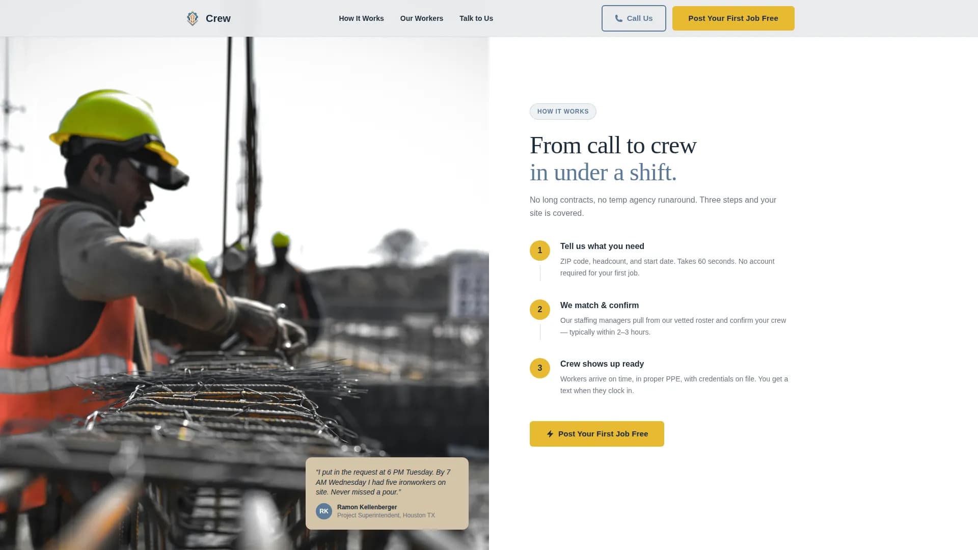 Crew — Dependable Construction Staffing Landing Page Template