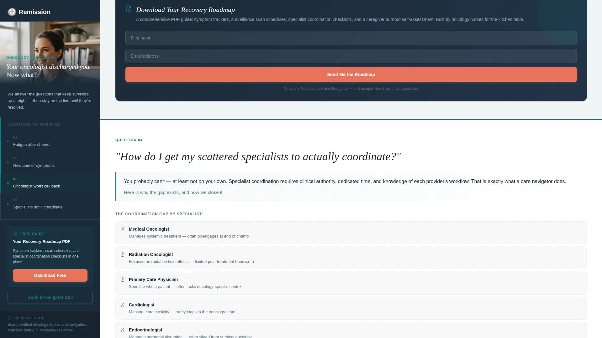 Cancer Recovery Care Specialist Booking Website Template