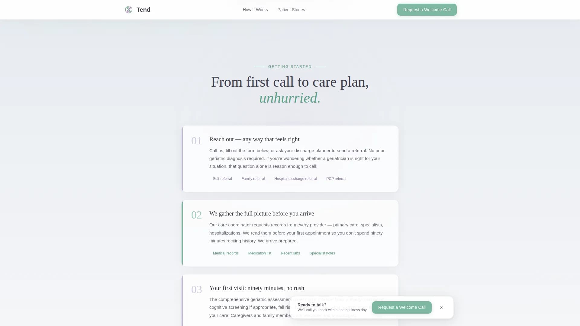 Tend - New Patient Welcome Landing Page Template
