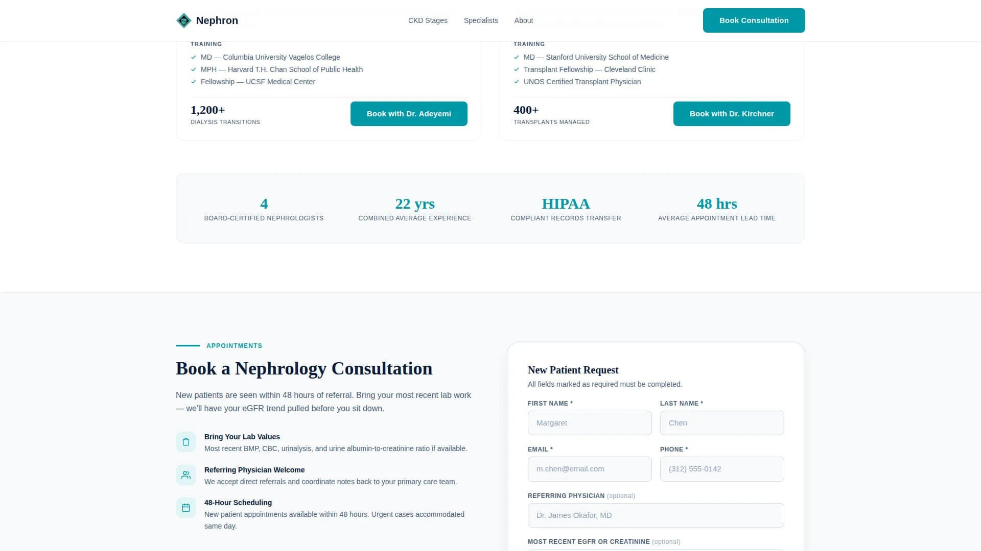 Kidney Disease Care Specialist Booking Website Template