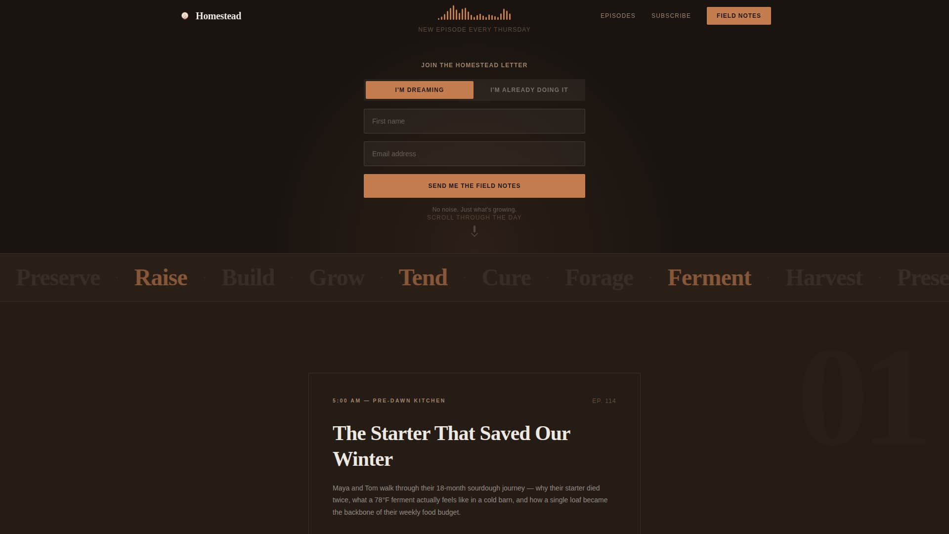 Homestead - Rustic Podcast Landing Page Template