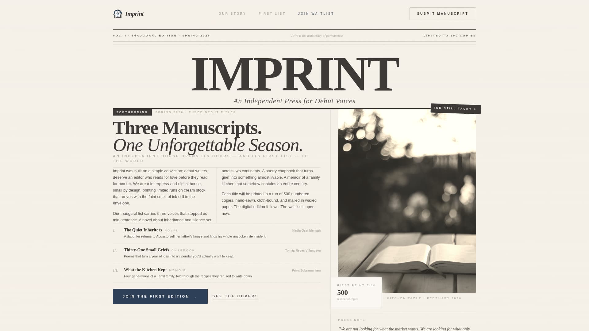 Imprint - Timeless Publisher Landing Page Template