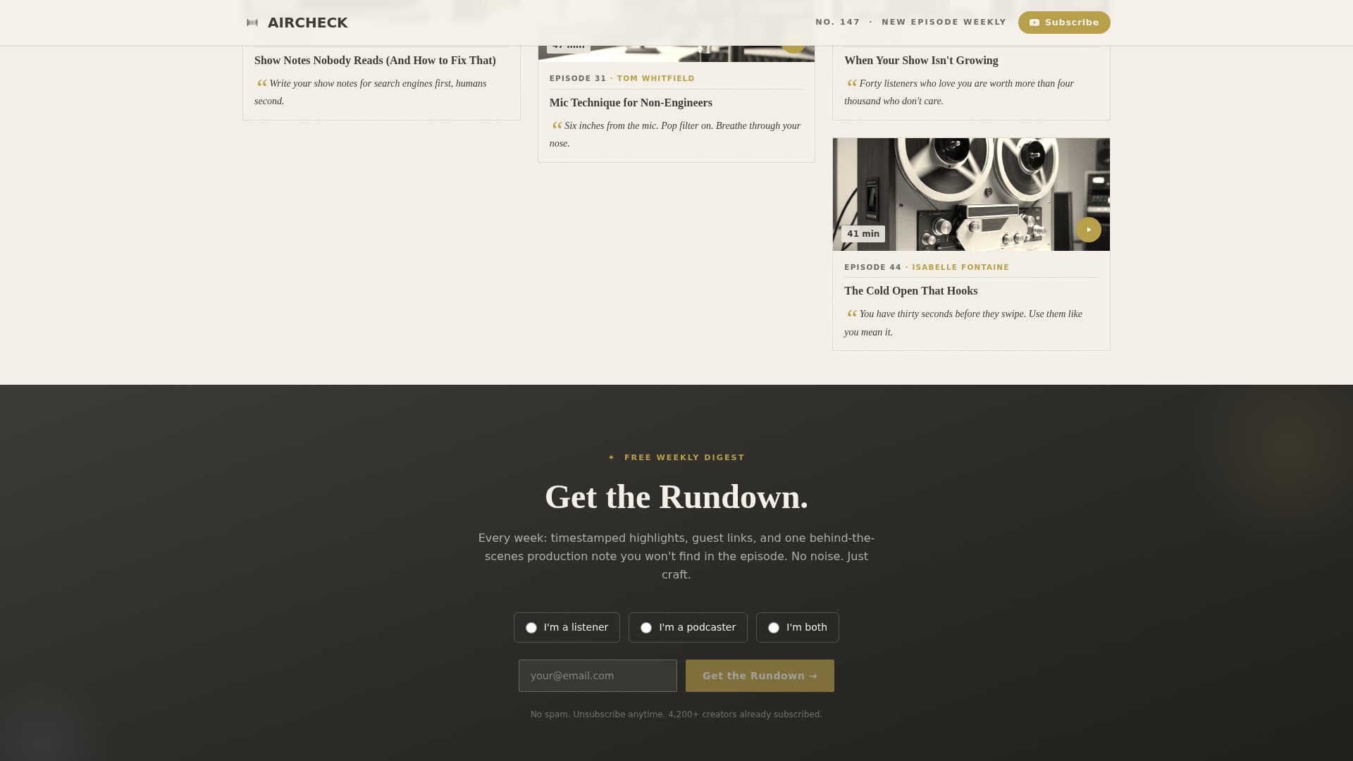 Aircheck - Timeless Podcasting Landing Page Template