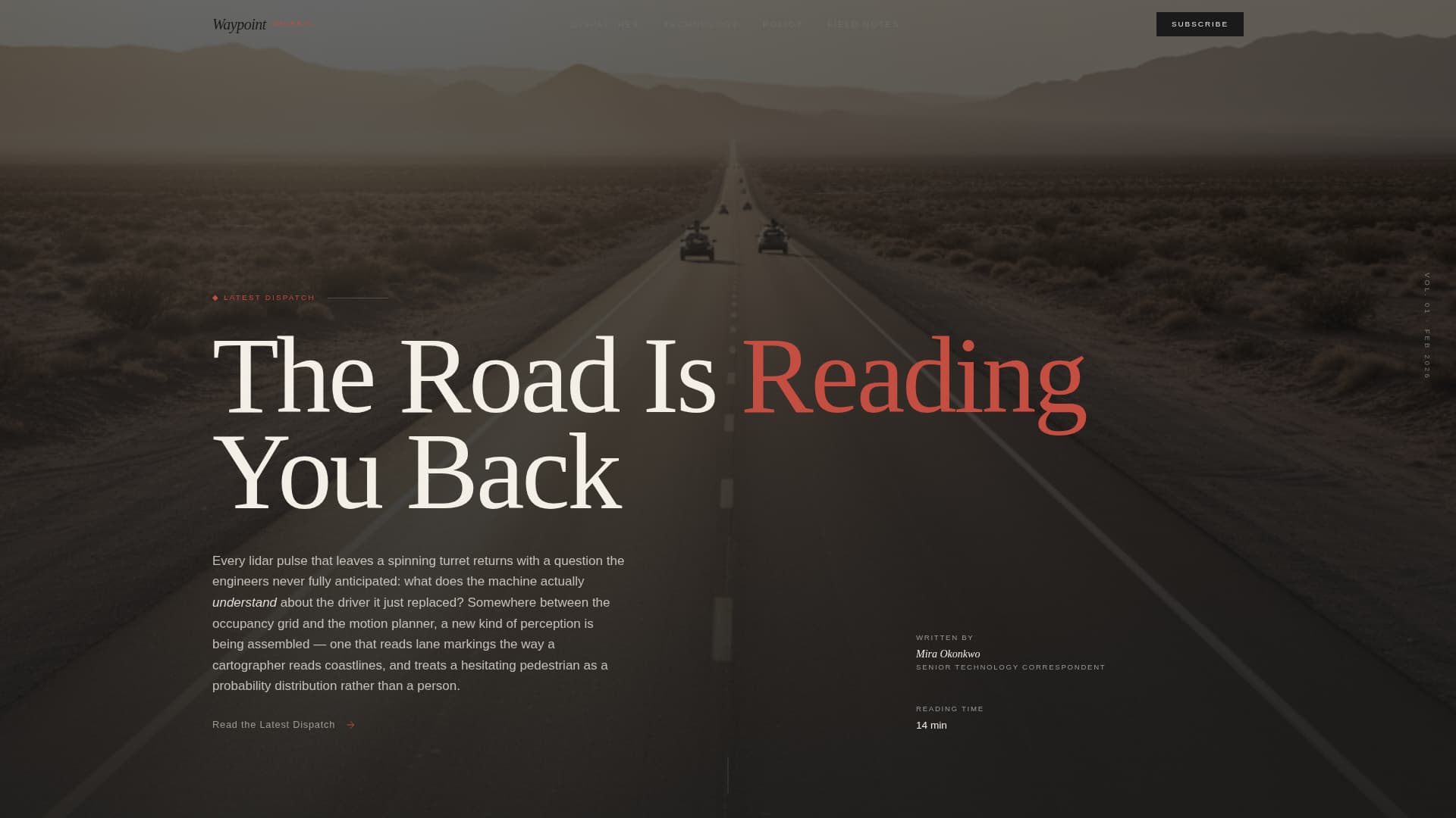 Waypoint - Editorial Autonomous Vehicle Landing Page Template