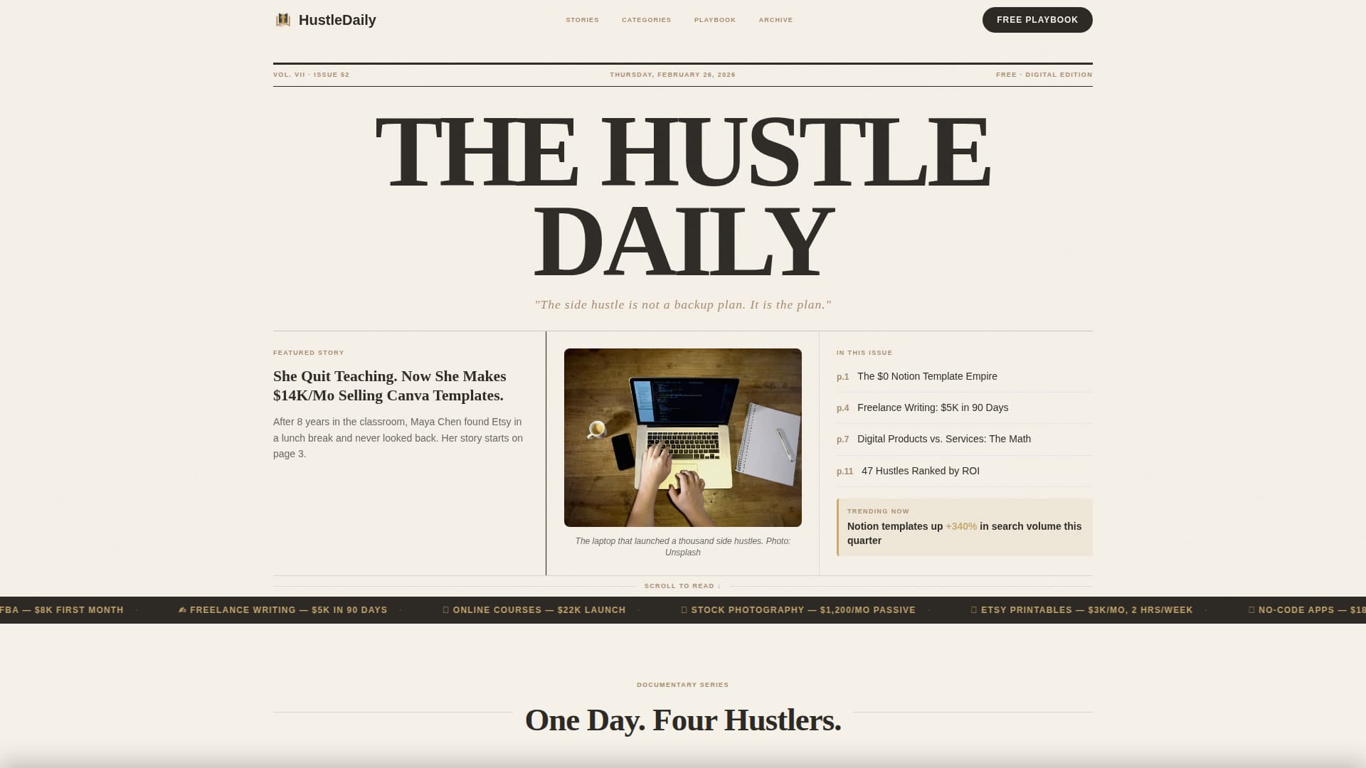 Hustle - Editorial Sidehustle Landing Page Template