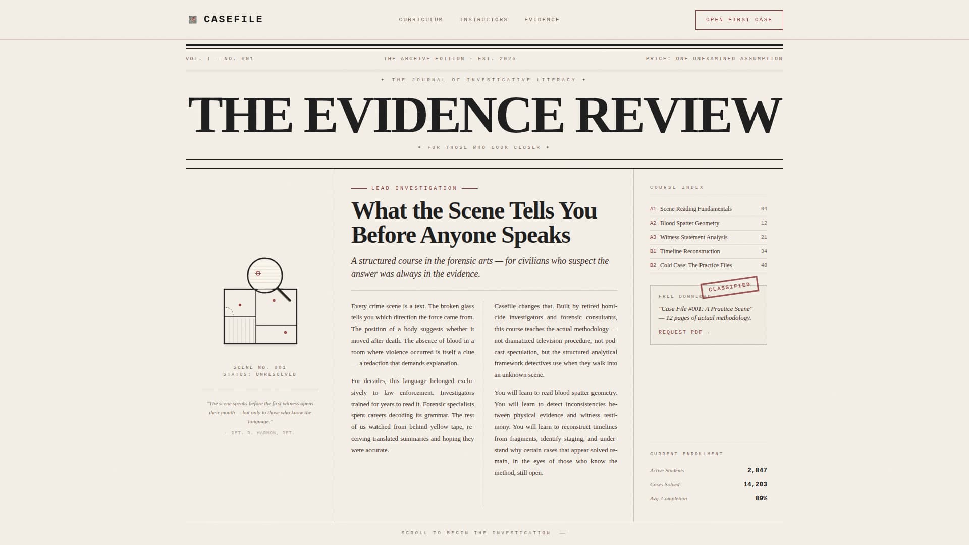 Casefile — Immersive Forensic Education Landing Page Template