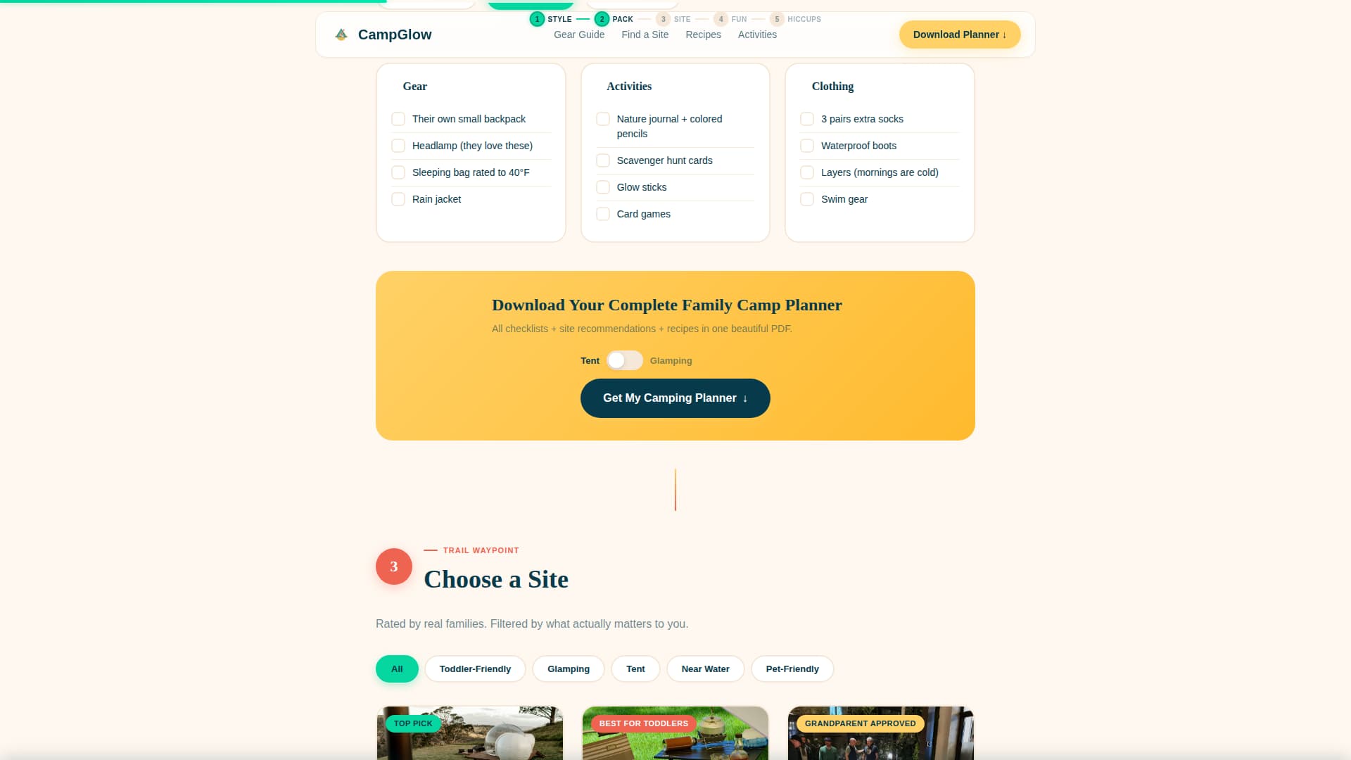 Campglow - Cheerful Family Camping Landing Page Template