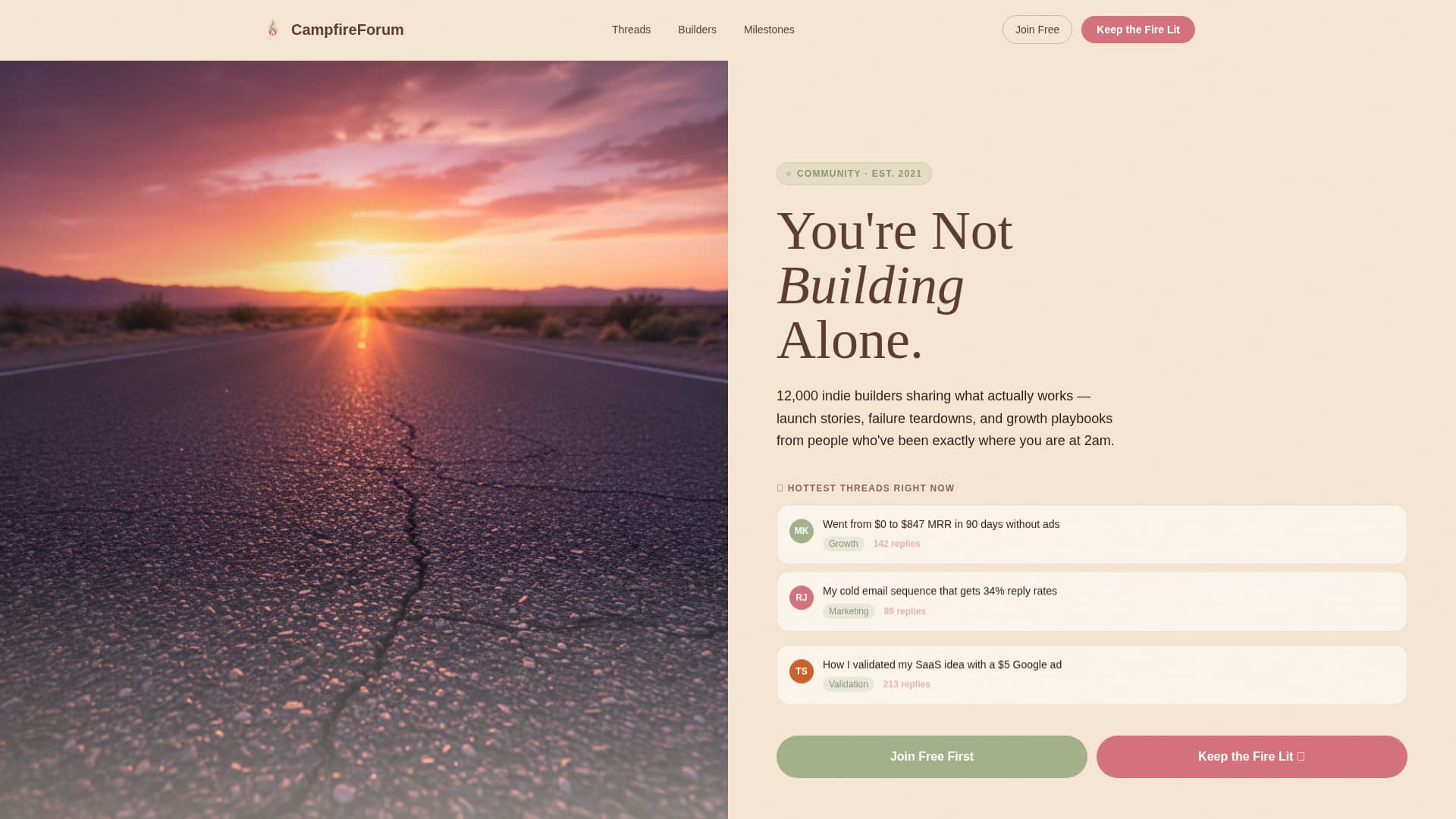 Campfire - Inspiring Indie Hackers Landing Page Template