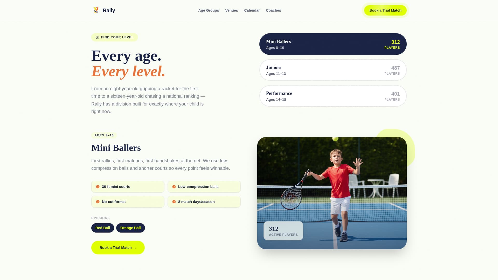 Rally - Dynamic Junior Tennis Landing Page Template