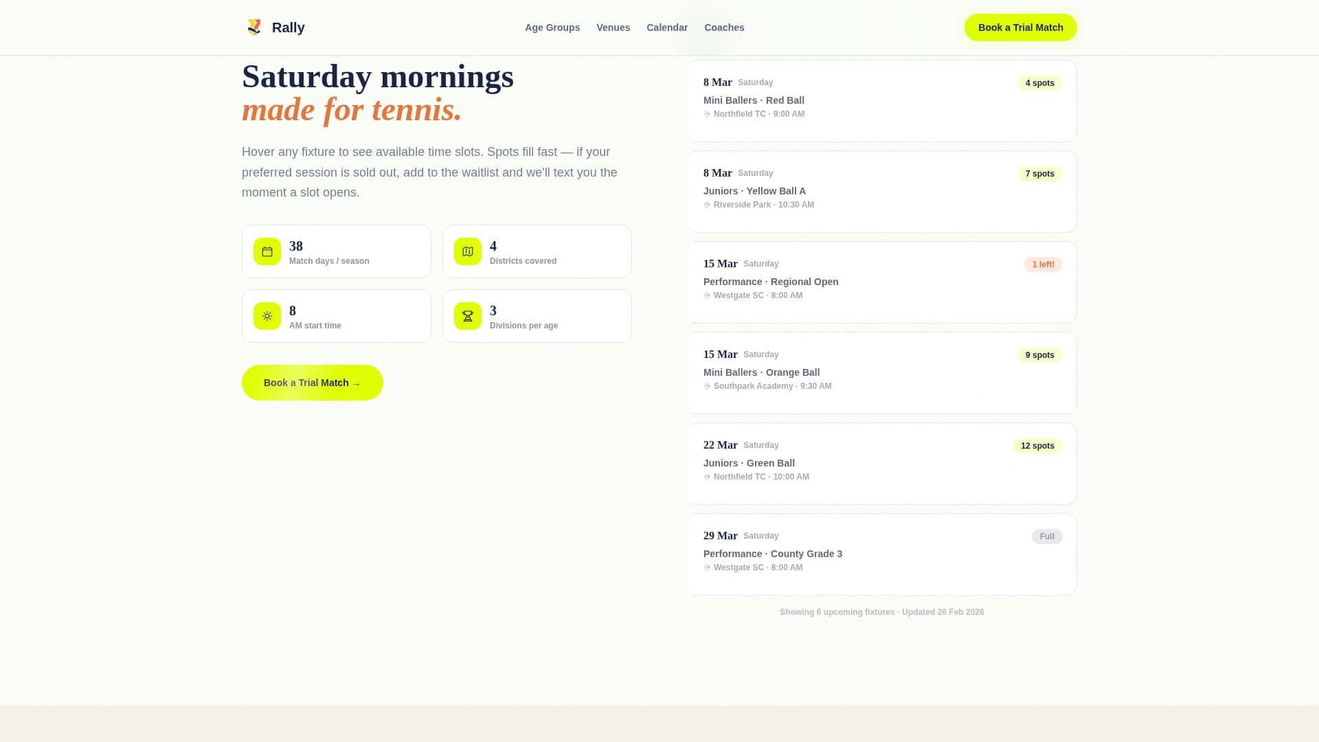 Rally - Dynamic Junior Tennis Landing Page Template