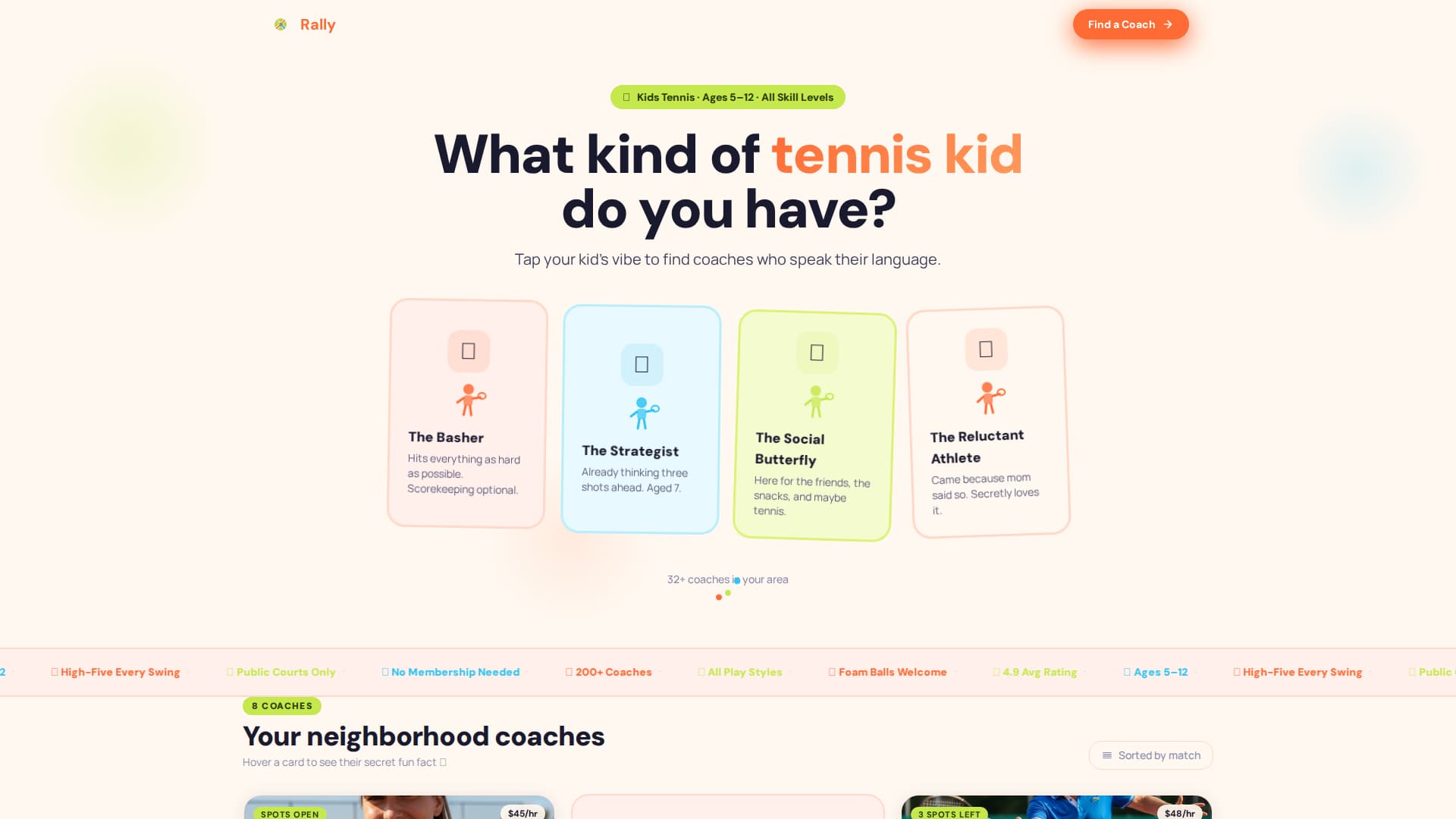 Rally - Playful Tennis Coach Landing Page Template