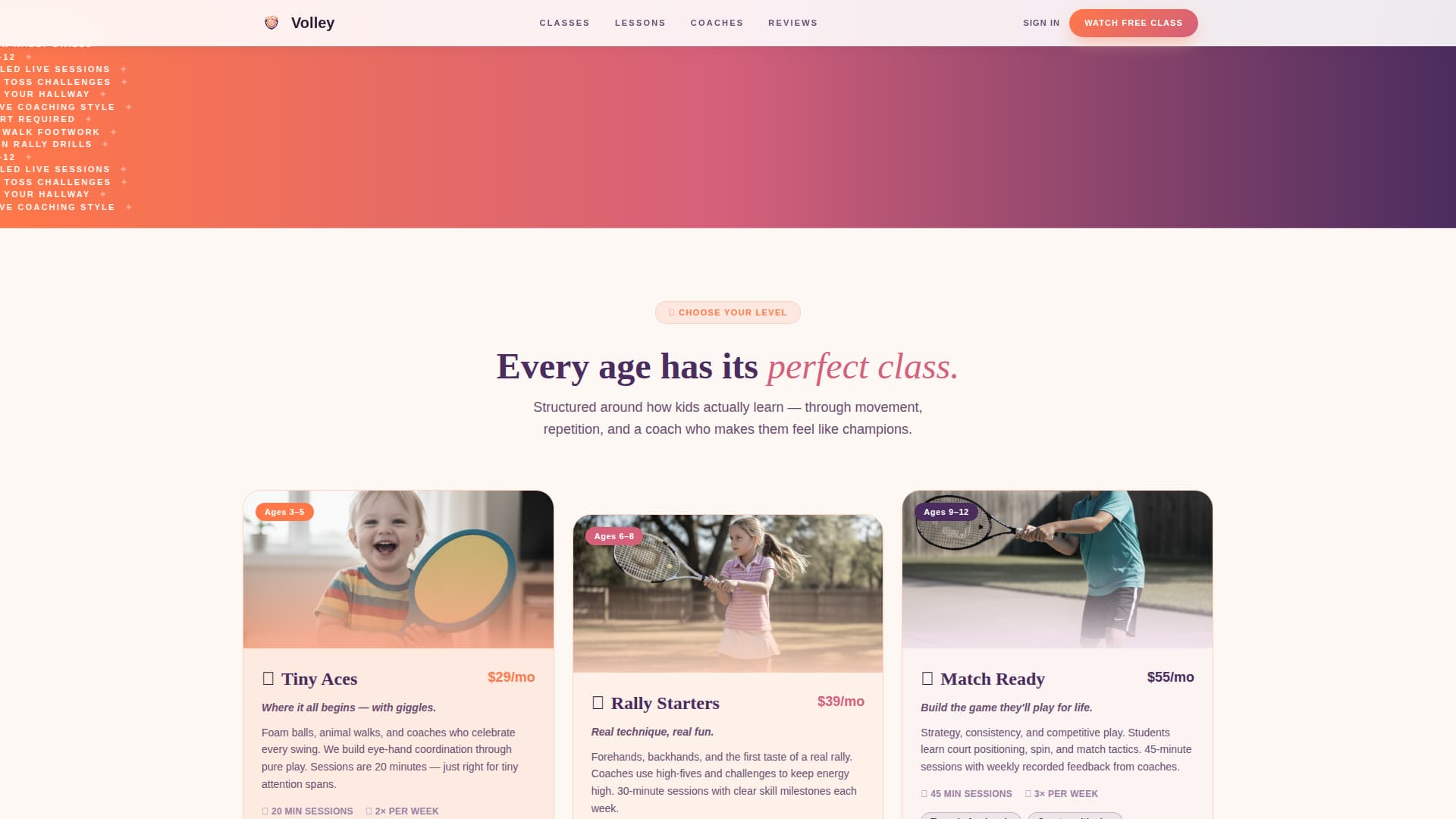 Volley - Nurturing Kids Tennis Landing Page Template