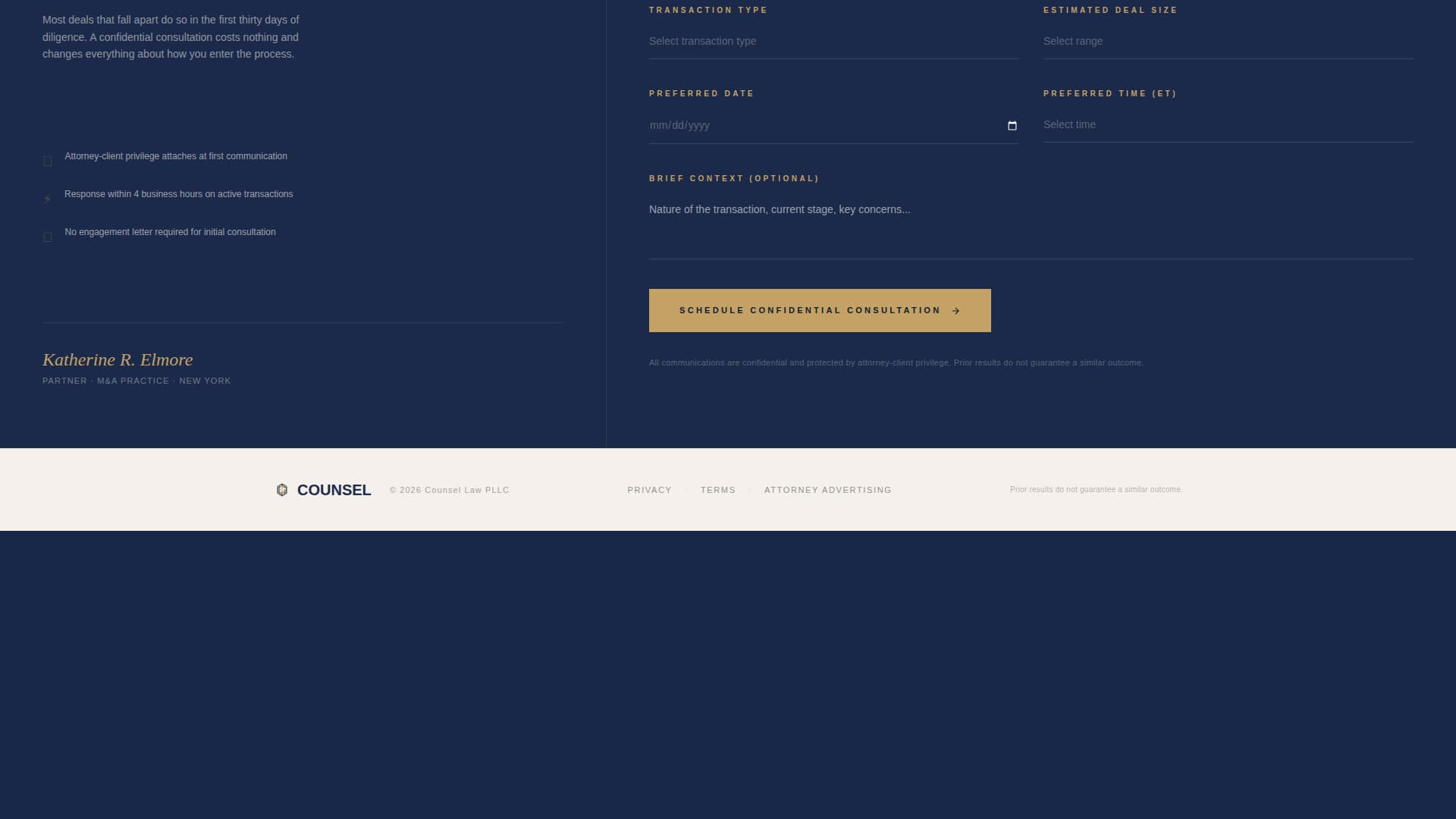 Counsel - Authoritative M&A Landing Page Template