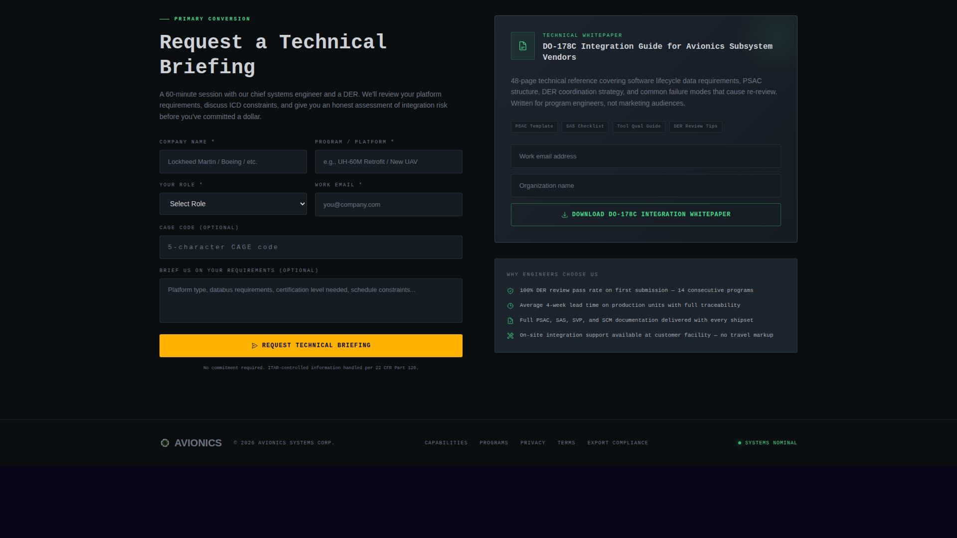 Avionics - Certified Defense Landing Page Template