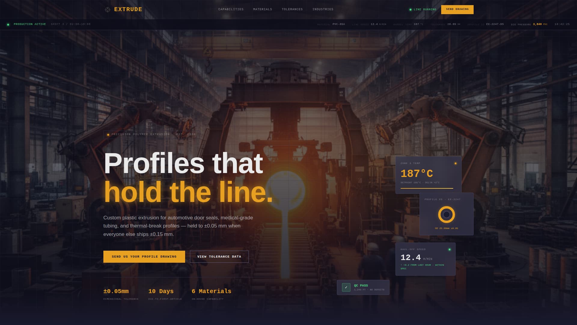 Extrude — Advanced Extrusion Manufacturing Landing Page Template