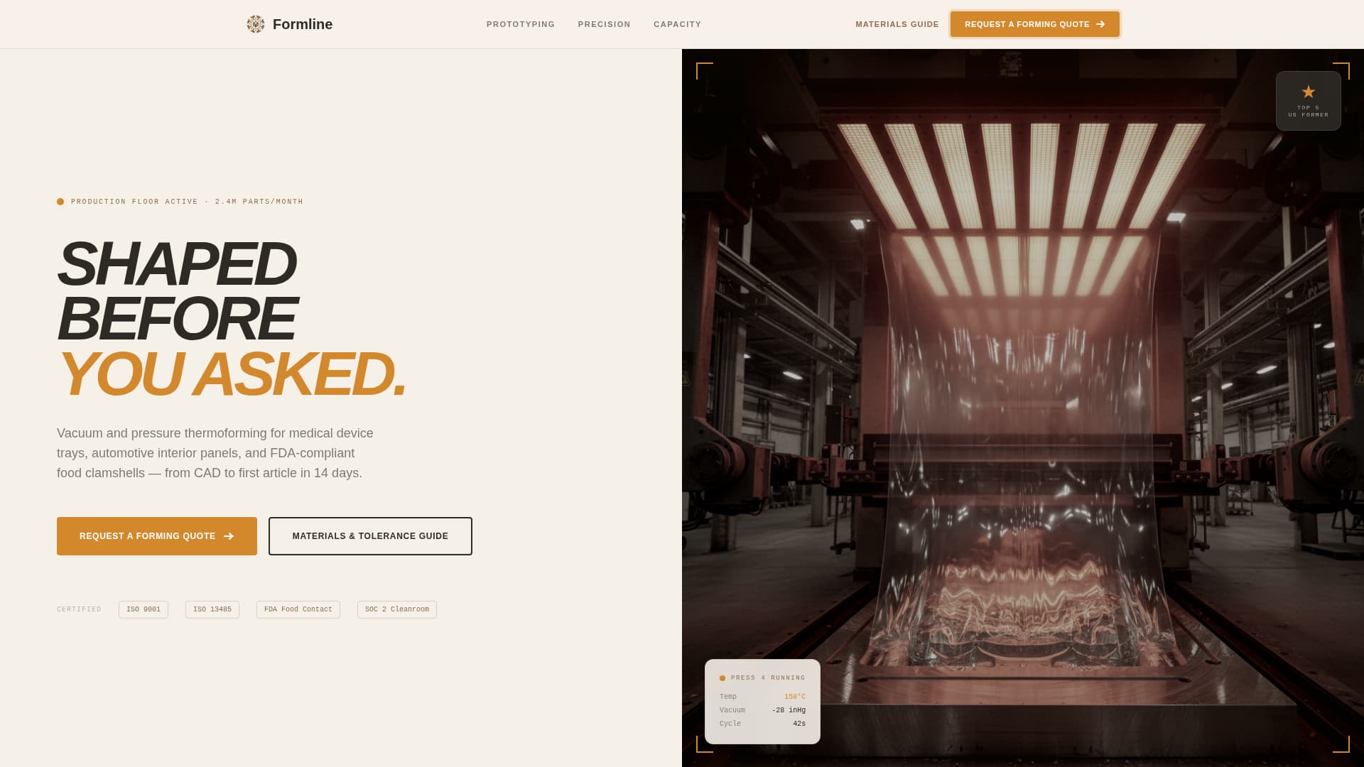 Formline - Precision Thermoforming Landing Page Template
