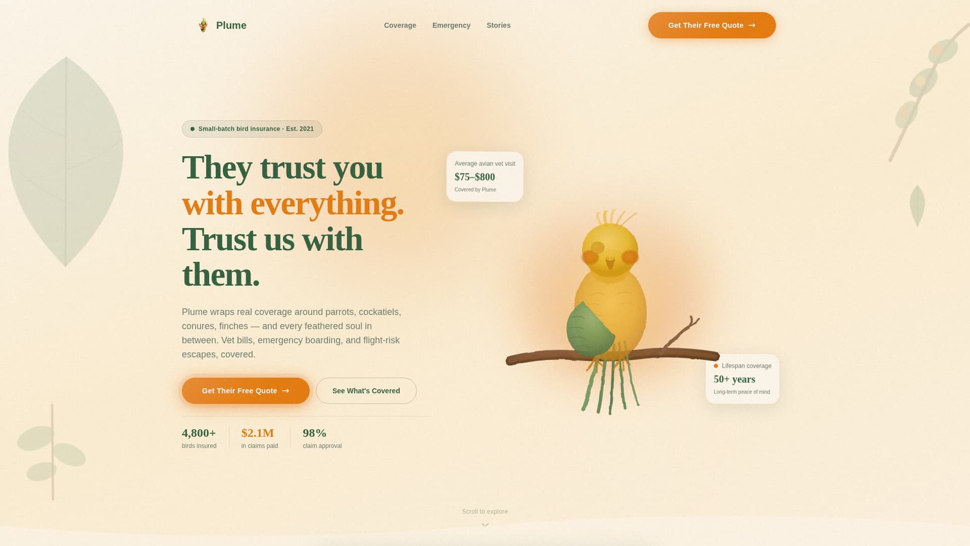 Plume - Heartfelt Birdinsurance Landing Page Template