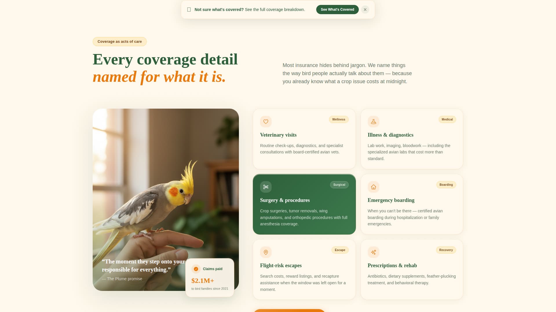 Plume - Heartfelt Birdinsurance Landing Page Template