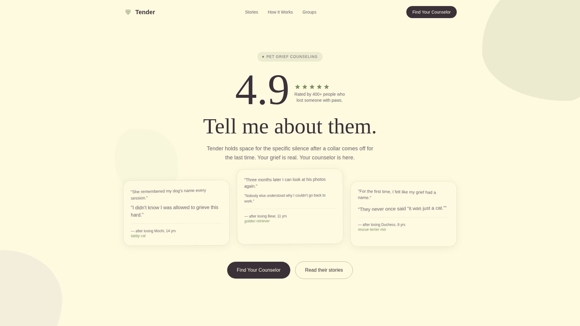 Tender - Compassionate Petgrief Landing Page Template