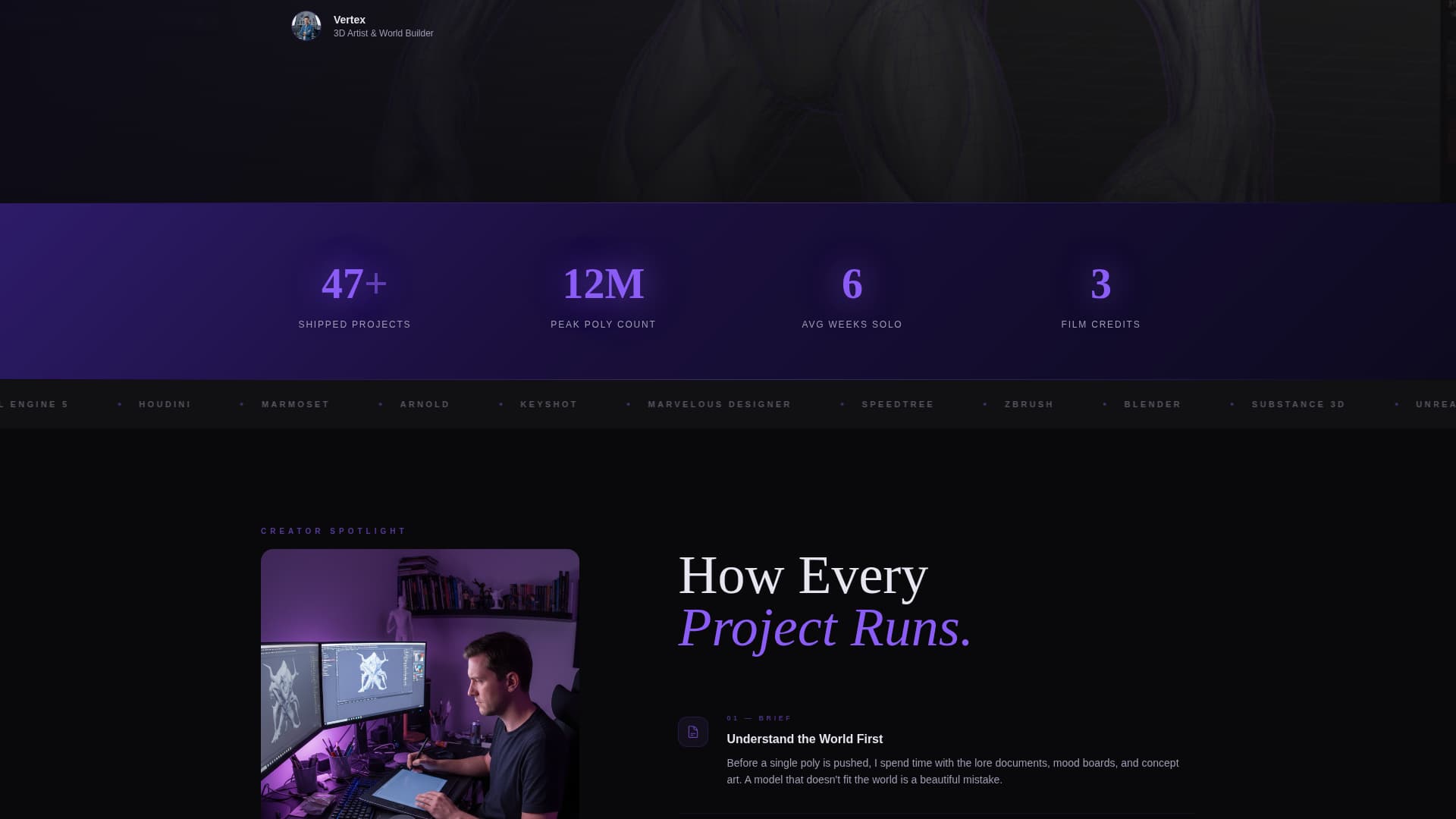 Vertex - Immersive 3D Artist Landing Page Template