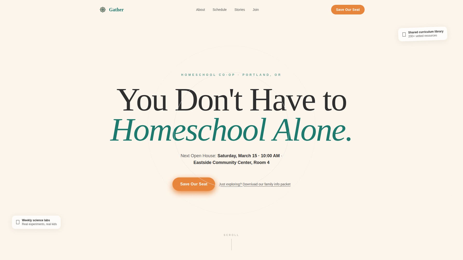 Gather - Welcoming Homeschool Landing Page Template