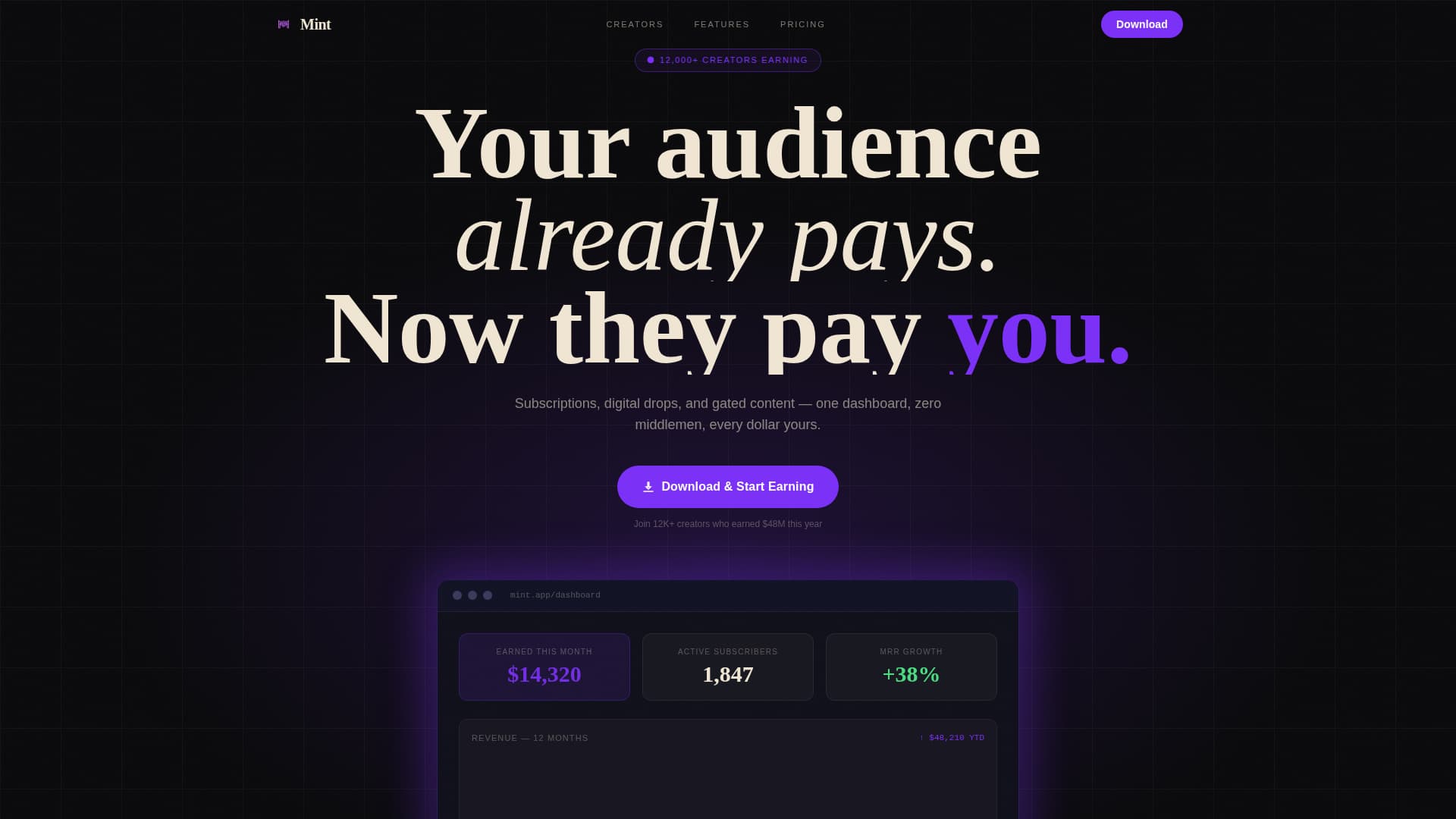Mint - Cinematic Creatormonetization Landing Page Template
