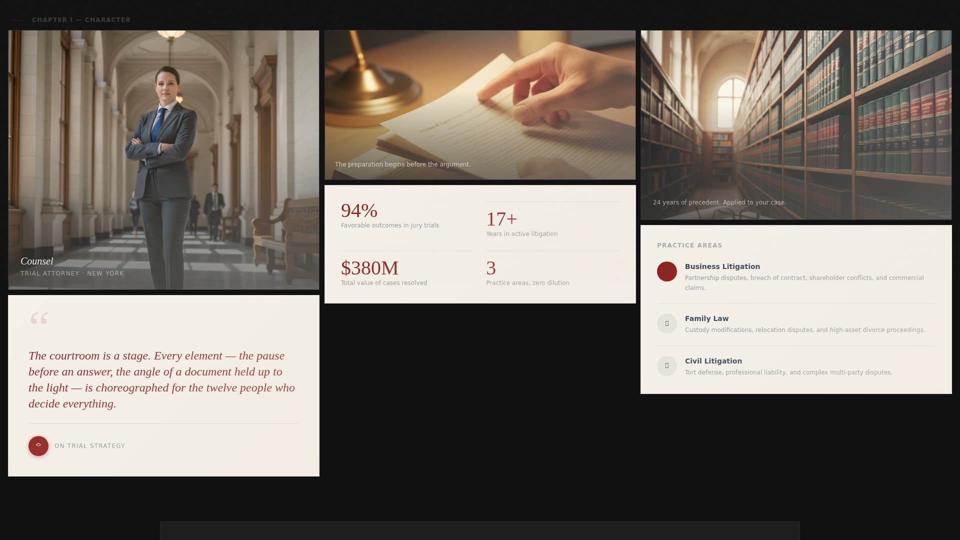 Counsel - Cinematic Lawyer Landing Page Template